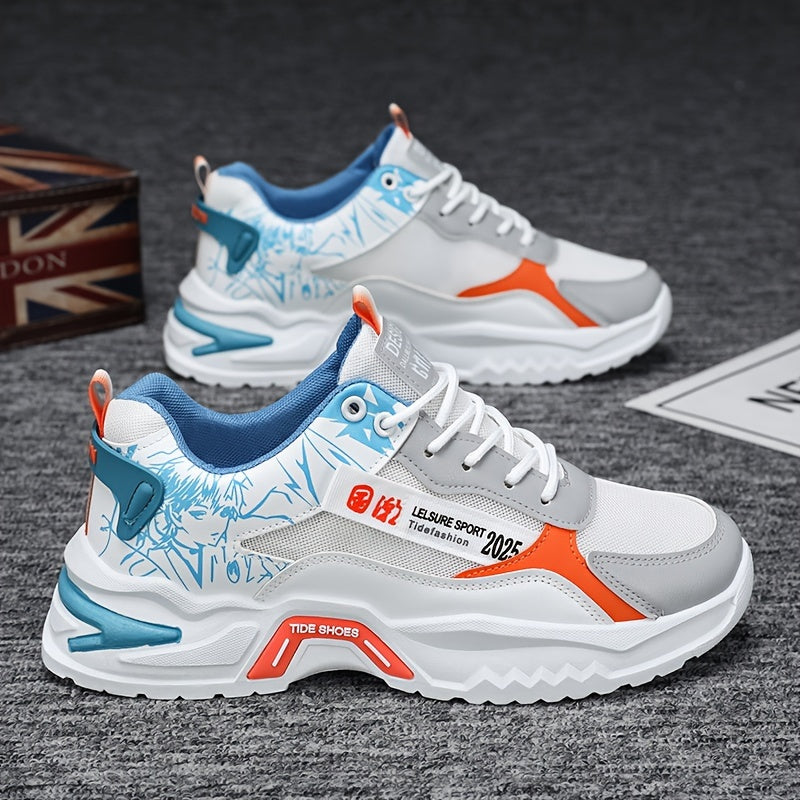 Men's Stylish Platform Sneakers with Wave Pattern - Comfortable, Non-Slip Durable for Outdoor, Campus Walks Travel Lace-Up, Breathable Design, for Autumn, Spring