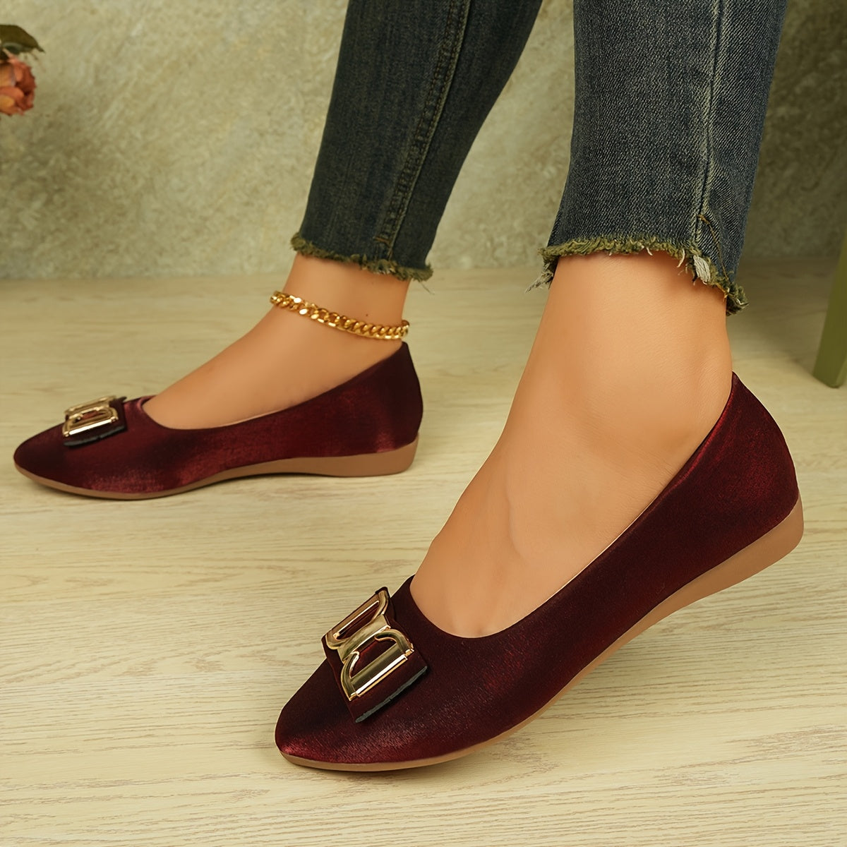 Women's Elegant Red Slip-On Flats with Golden Double Buckle Design - Comfortable Faux Cover Shoes for All Seasons, Pointed Toe Rubber Sole, Perfect for Casual or Dressy Occasions, Dressy Flats Buckle Embellished Shoes Lux