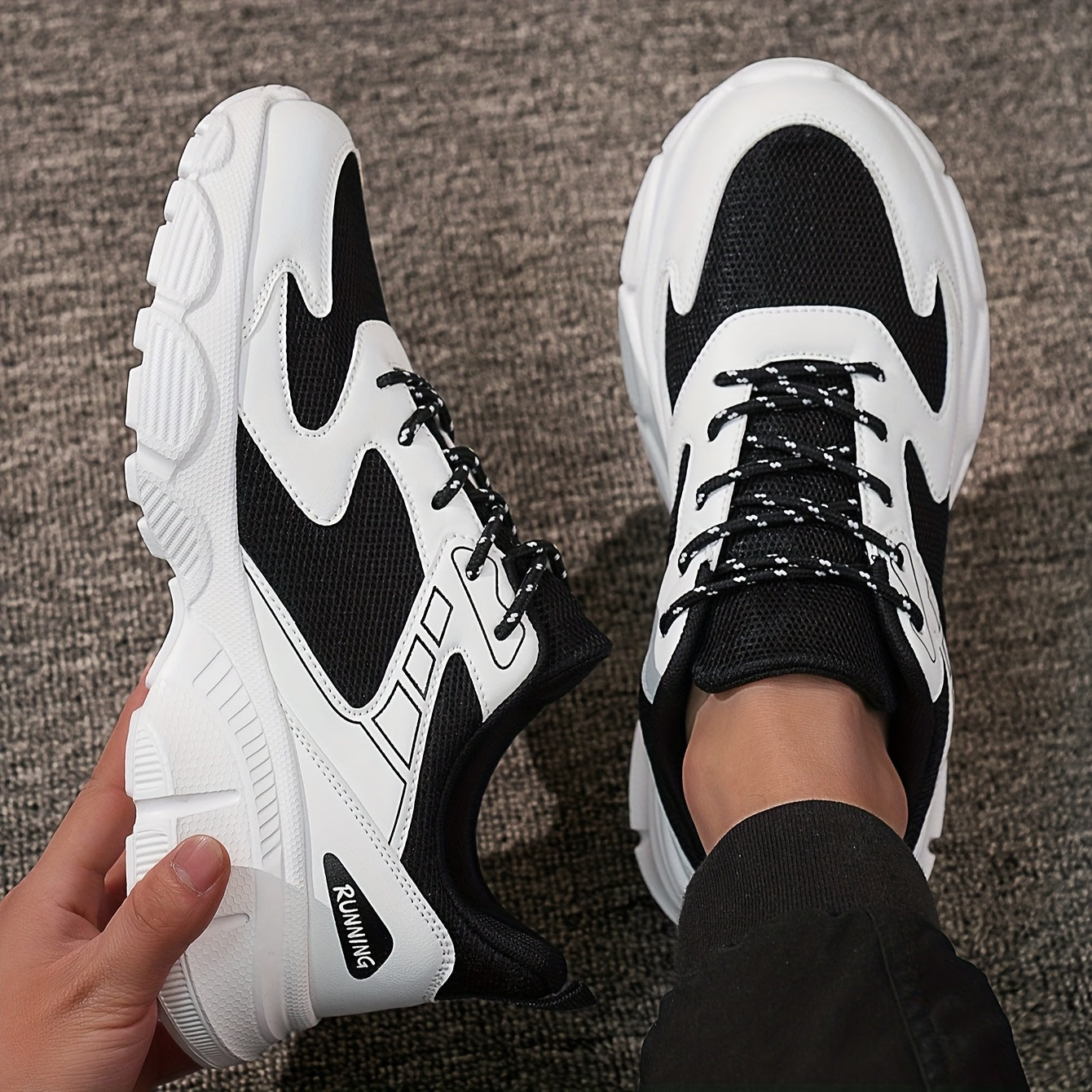 Men's Fashionable Black and White Sneakers - Retro Sports Shoes, Comfortable Outdoor Footwear
