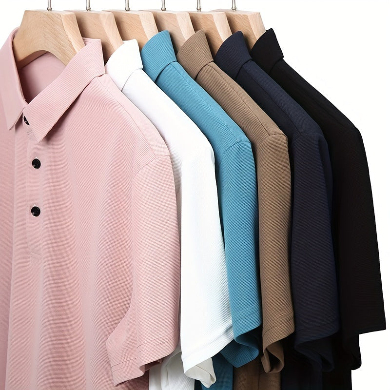 Men's Solid Short Sleeve And Lapel Collar Henley Shirt, Casual And Comfy Sports Tops For Summer Golf Wear And Outdoors Activities