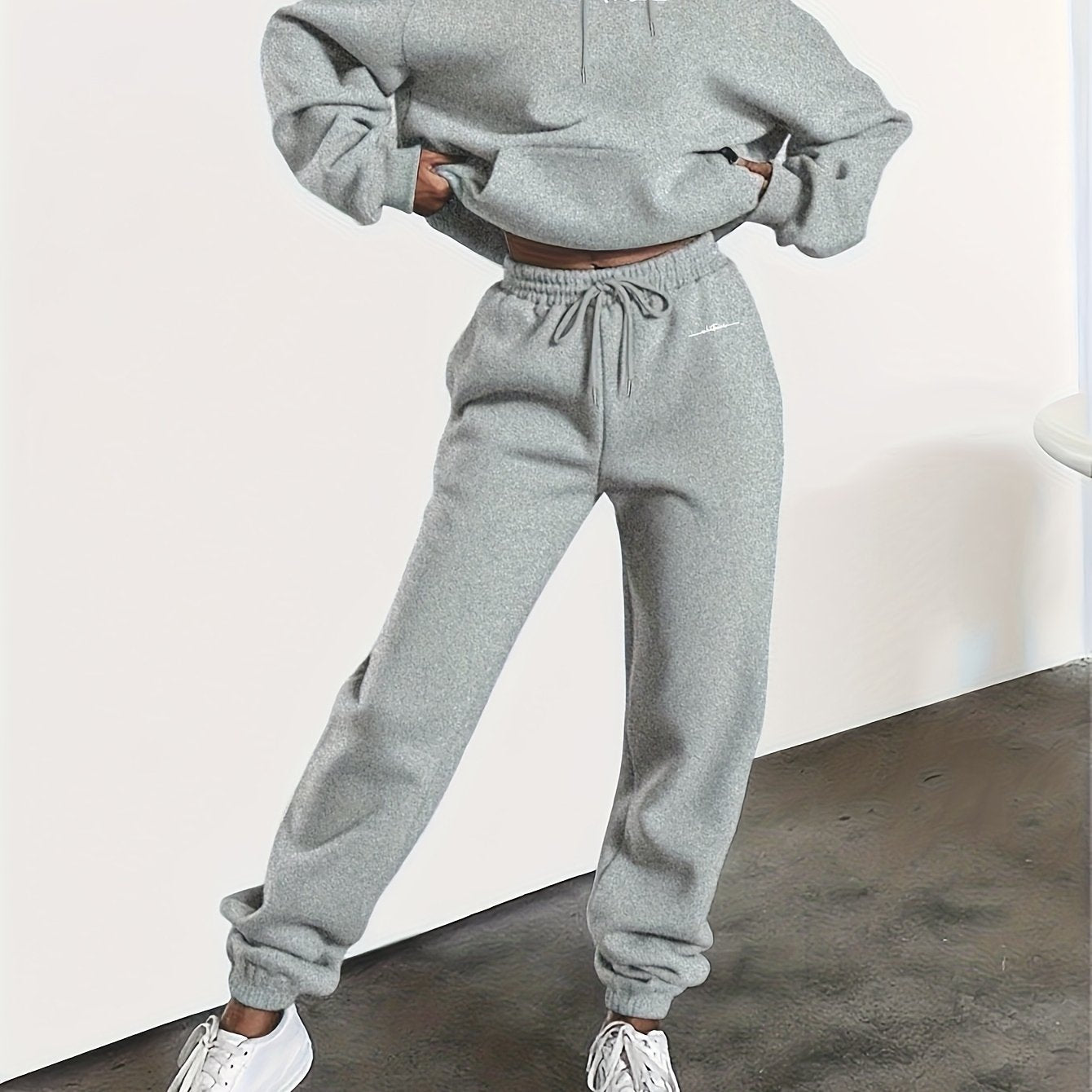 New Arrival Gray Print Women's Hooded Drawstring Sweatshirt and Pants Set, Autumn/Winter Warm Long-Sleeve Pullover with Hat, Machine-Washable Polyester, Versatile Outfit