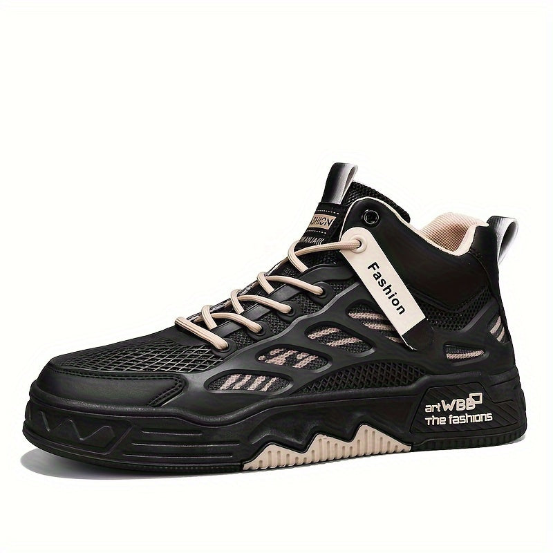 Men's High Top Fashion Sneakers Graphic Print Lace-Up Casual Skateboard Shoes with Round Toe, PU Mesh Upper, Fabric Lining, and Rubber Sole