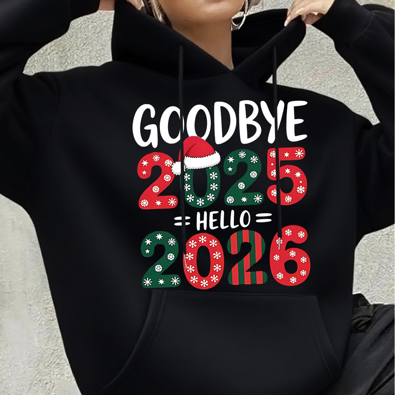 Women's White 2025 New Year & Christmas Hooded Sweatshirt - Goodbye 2024 2025 Print with Snowflakes & Candy Canes, Cozy Winter Pullover Hoodie, Relaxed Fit Casual Sweater for Holiday Parties & New Year's Eve Outfits