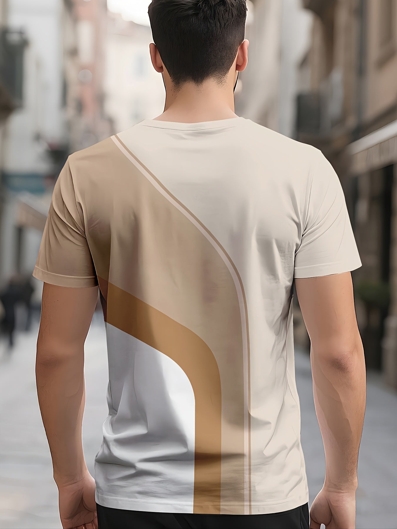 Men'S Beige Geometric Print T-Shirt - Casual Crew Neck, Slight Stretch Fabric, Modern Design with Striking Patterns, Everyday Tshirt Modern Tshirt Comfortable Fit