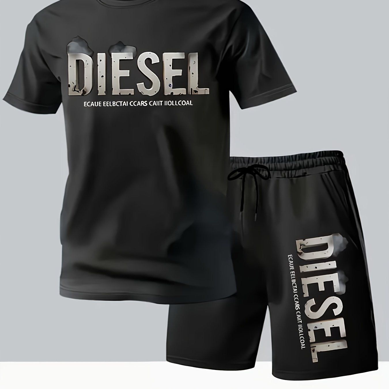 Summer Men'S Casual Sports Short Sleeve T-Shirt and Shorts Set, Comfortable Breathable, Suitable for Outdoor Jogging Running Fitness, Diesel Letter Print Design - 2pcs Set