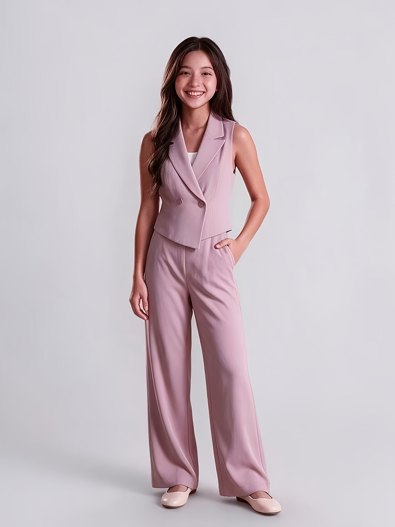 Preppy Vest & Wide-Leg Pants Set for Teen Girls, Navy & Lavender