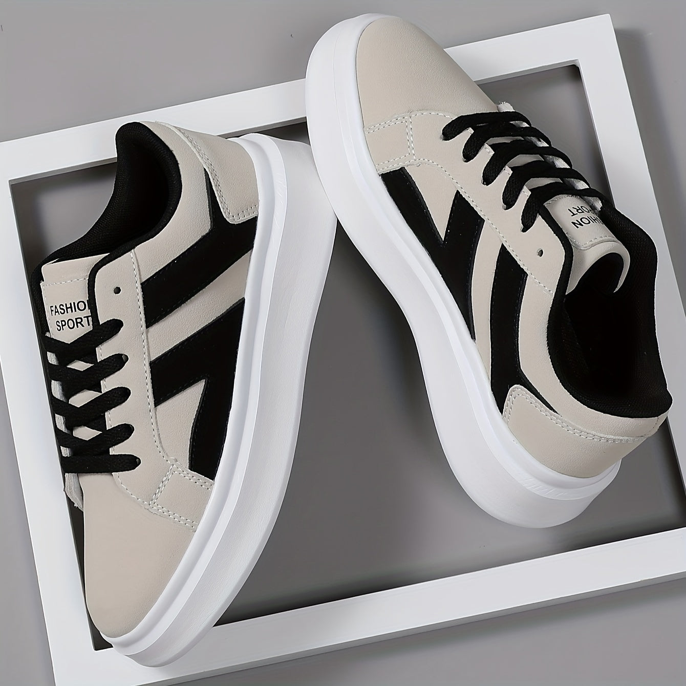 Men's Casual Athletic Sneakers - Comfortable Low-Top Lace-Up Shoes with Geometric Design, Black Beige, EVA Sole, Microfiber Upper for Casual Attire and Sports