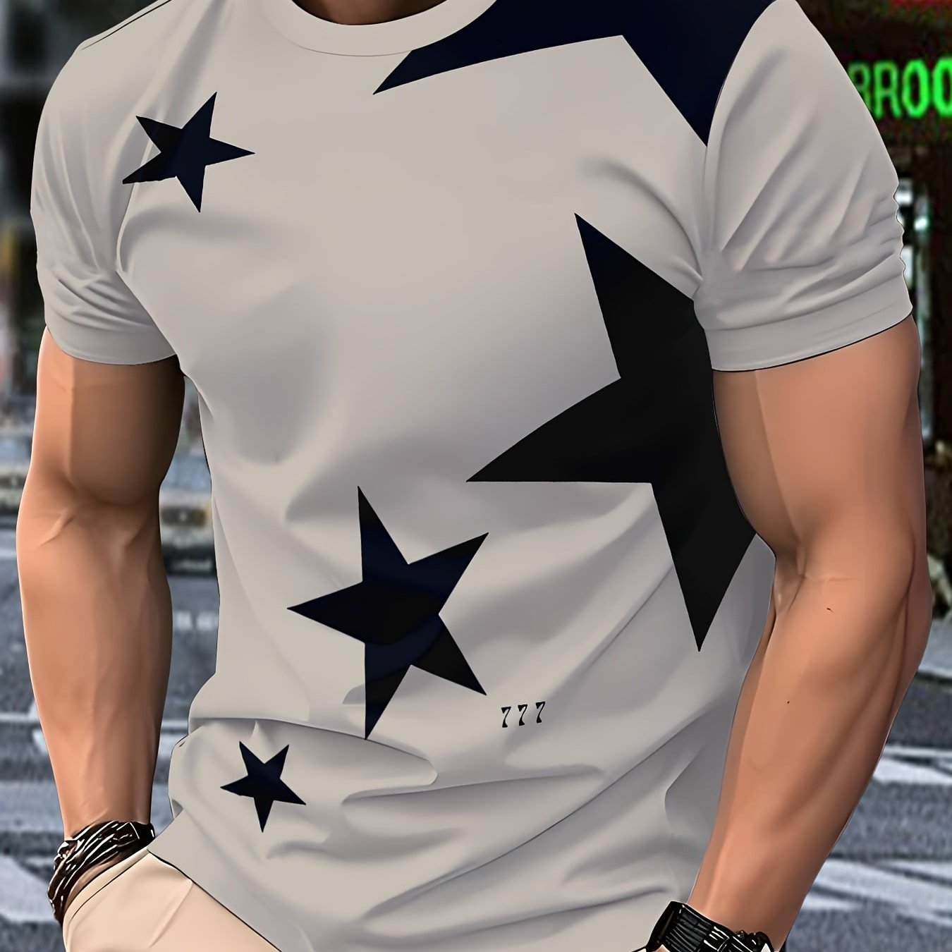 3D Print Streetwear Graphic Tee - Casual Short Sleeve Crew Neck, Black White Star Design with Bold "19.74meter Print, Lightweight Polyester Blend for Casual Attire, Streetwear Fashion Bold Graphic Tee Stretchy Fabric