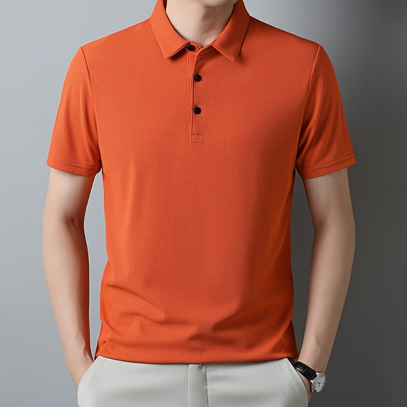 Men's Solid Short Sleeve And Lapel Collar Henley Shirt, Casual And Comfy Sports Tops For Summer Golf Wear And Outdoors Activities