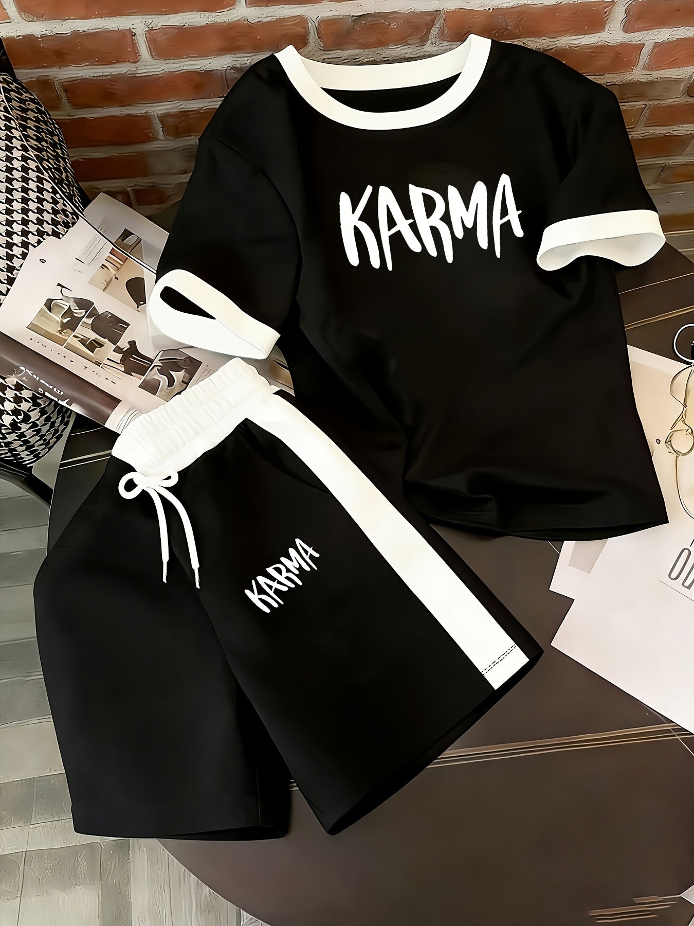 KARMA Summer Casual Set: Color-Block Top & Drawstring Shorts