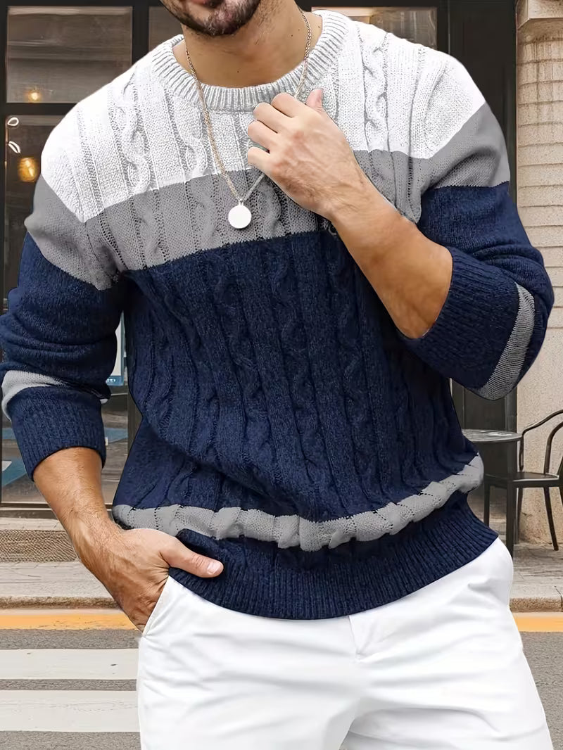 Color‑Block Cable Knit Sweater – Stylish Casual Winter Wear