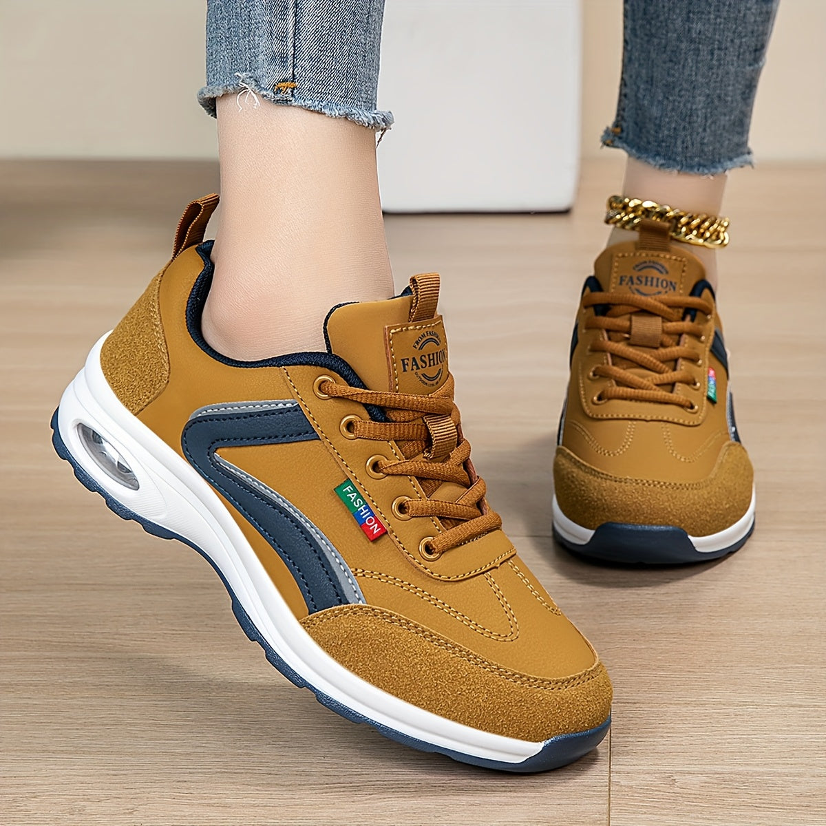 AOPLUS Women's Fashion Sneakers - Lightweight, Comfortable, and Breathable Low-Top Sneakers with Air Cushion Support, White Blue Design, PU Cover Upper, Fabric Lining, All-Season Wear