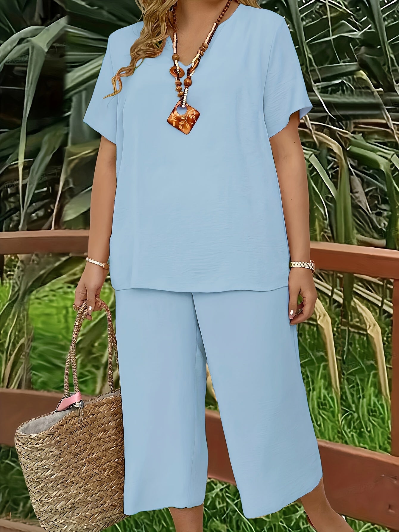 Women's Plus Size Suit, Elegant Solid Color Short Sleeve Top and Wide Leg Pants