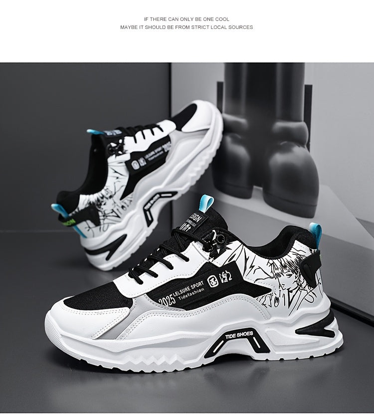 Men's Stylish Platform Sneakers with Wave Pattern - Comfortable, Non-Slip Durable for Outdoor, Campus Walks Travel Lace-Up, Breathable Design, for Autumn, Spring