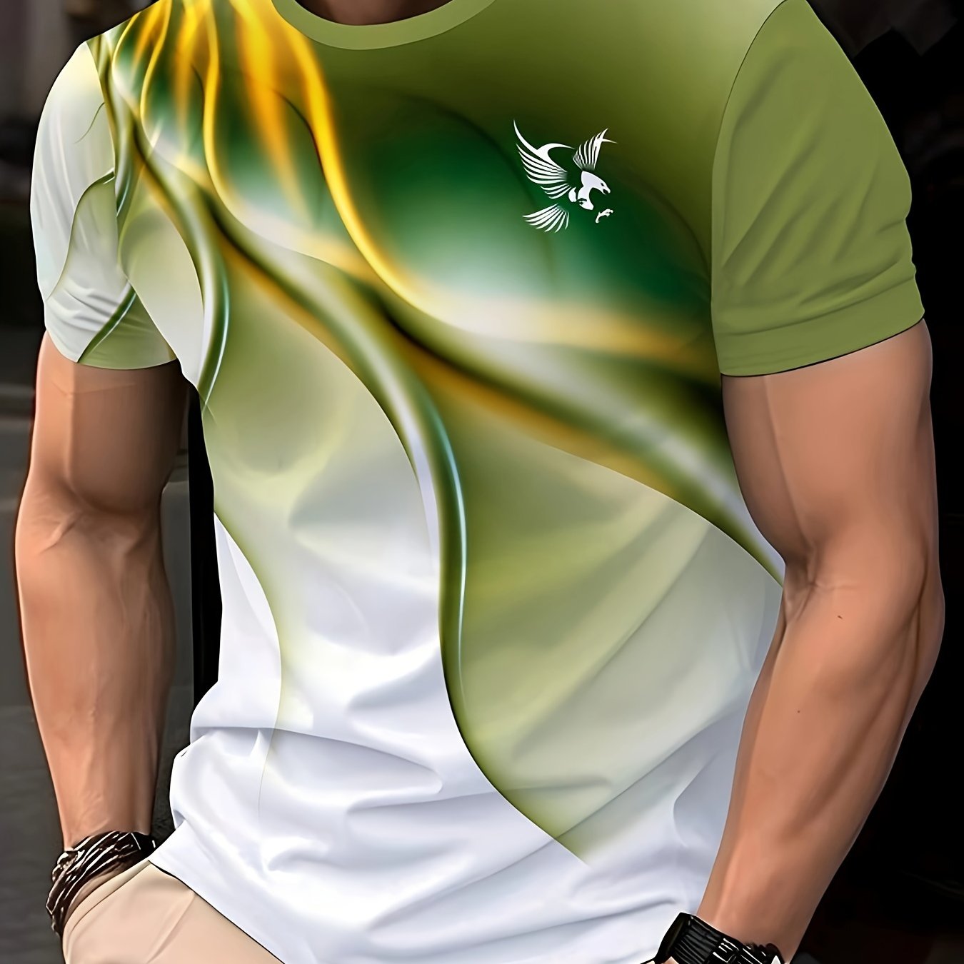 Men'S Round Neck T-Shirt with a Simple Multicolored Bird Pattern Print in Trendy Style.