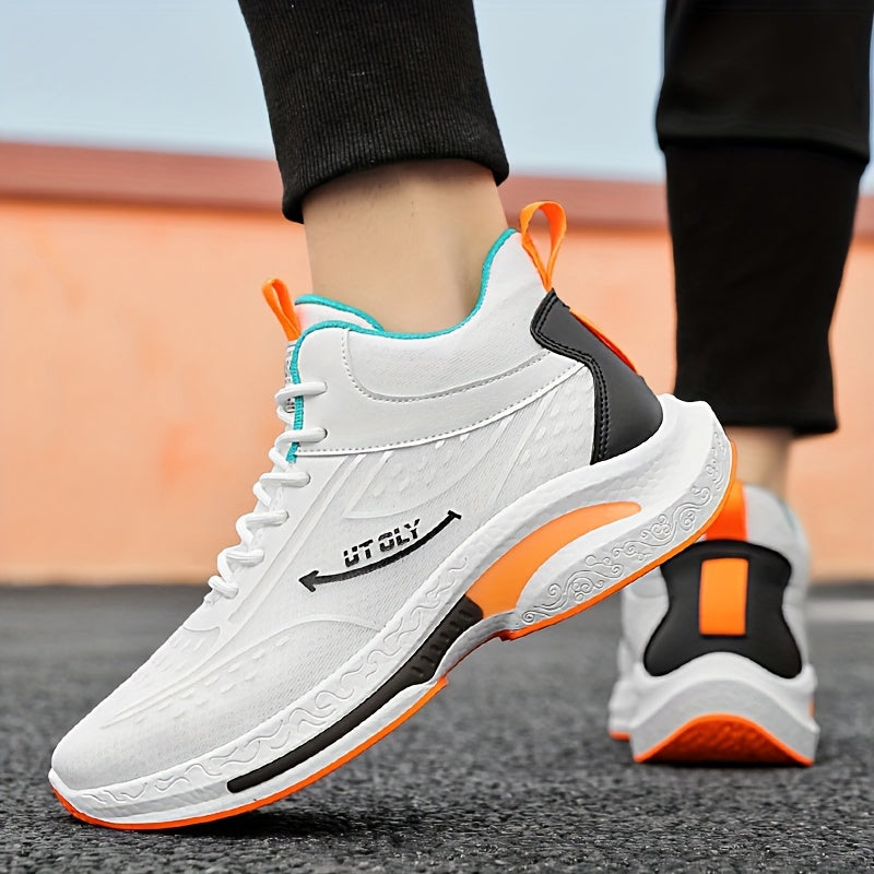 Men'S High-Top Lace-Up Athletic Sneakers - Breathable Fabric, PVC Sole, EVA Insole, Stylish Blue White Design for Casual and Outdoor Activities, Everyday Sneakers Sporty Casual Shoes Durable PVC Sole