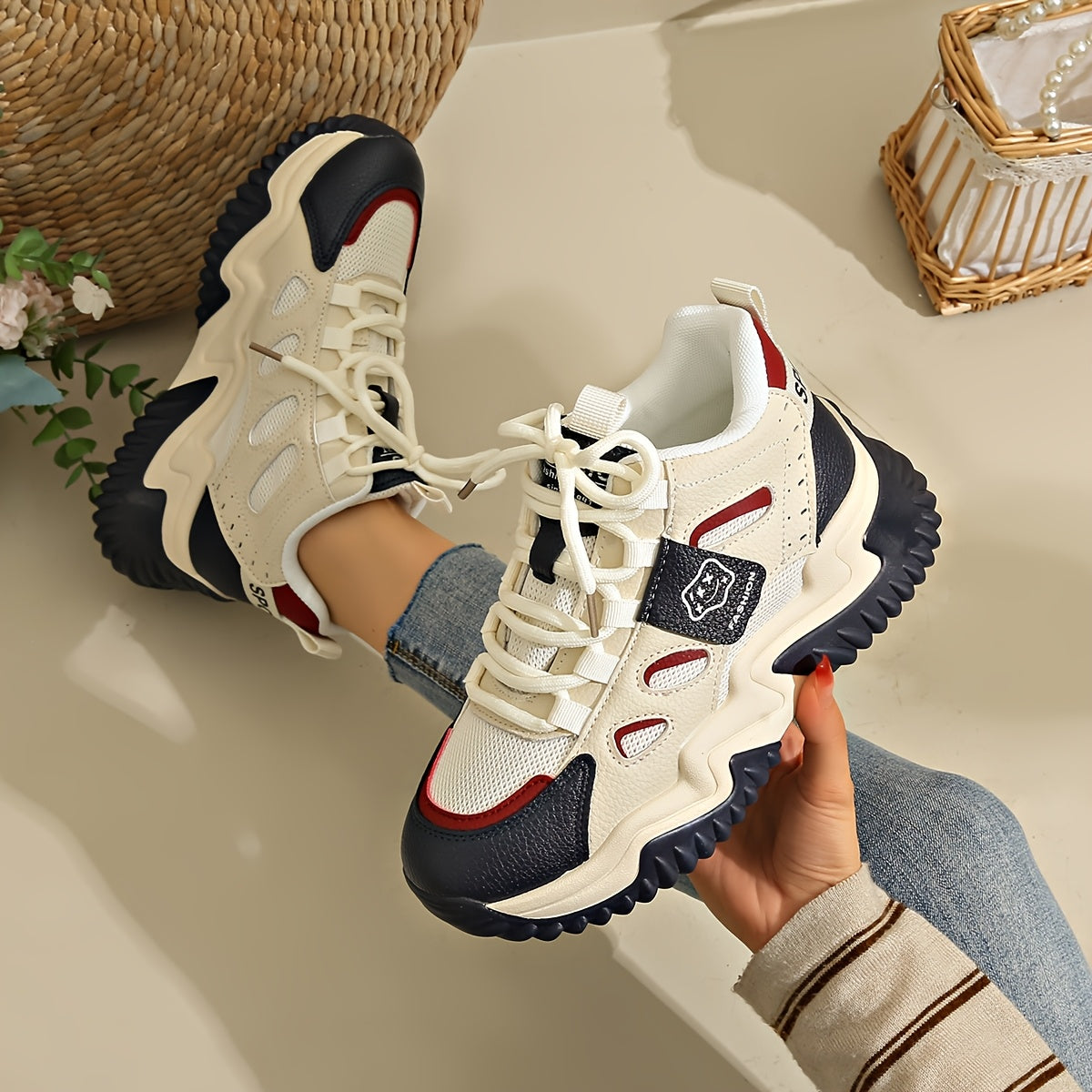 1 Pair Women'S Mid-Top Casual Sneakers, Fashion Mesh Design, Lace-Up Closure, Fabric Upper Lining, Faux Sole, Textile Insole - Spring Season Footwear