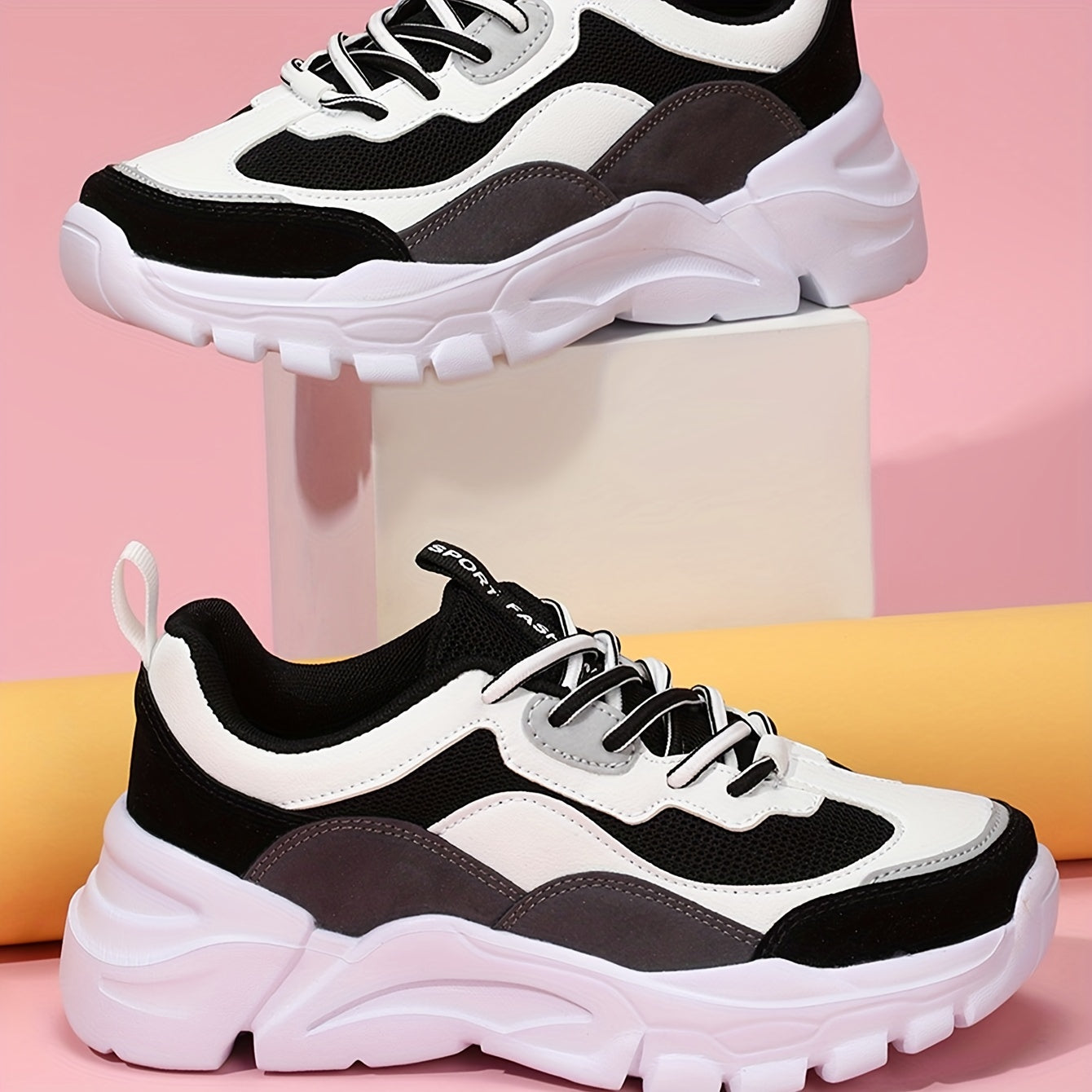 Women's Breathable Low-Top Sneakers - White Black Casual Shoes with Fabric/Polyurethane Upper, EVA Cushioned Sole for All-Day Comfort, Lace-Up Design for Gym, Walking Casual Attire