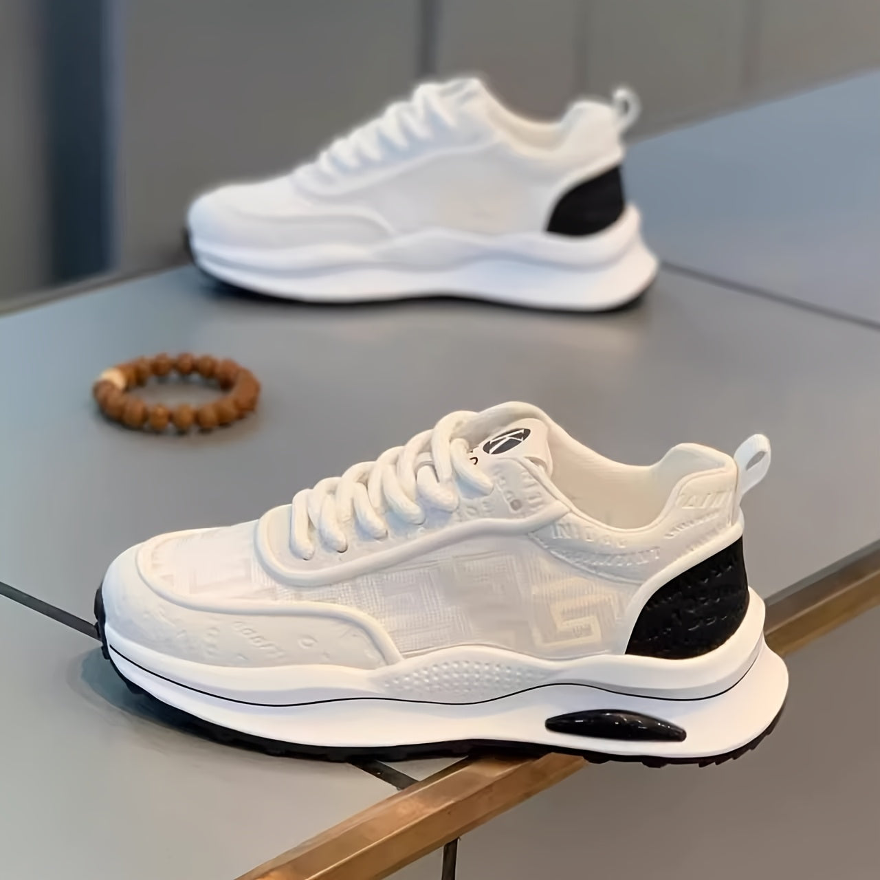 Men's Lightweight Breathable Low-Top Sneakers - PU Upper PVC Sole, White/Navy/Red Accents, Lace-Up Round Toe for Casual, Outdoor, Running Gym - All-Season Comfort Shoes, Casual Footwear, Geometric Pattern, Comfortable Fit