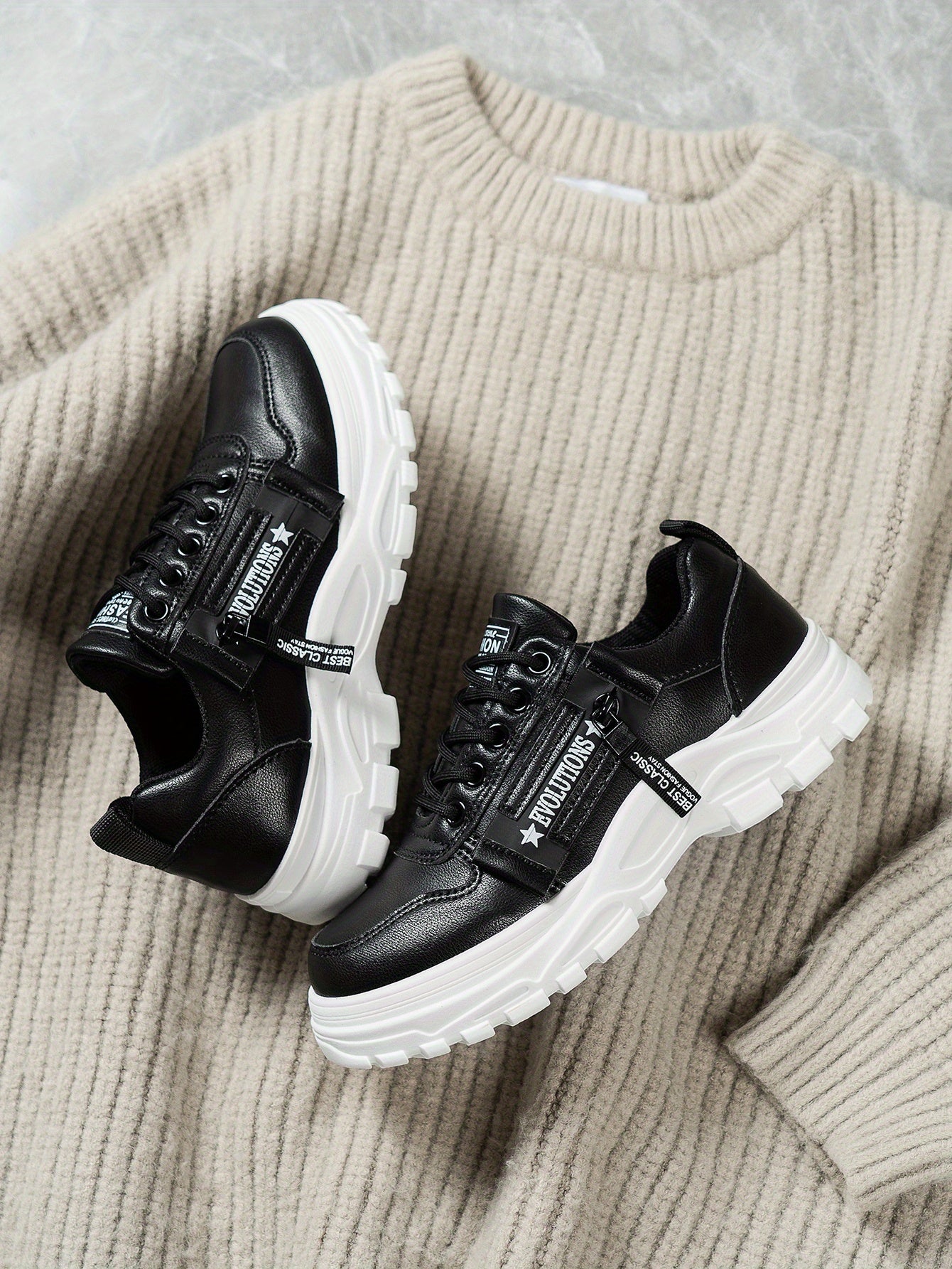 Women'S Breathable Knit Sneakers - Lightweight Thick Sole Casual Walking Shoes in White Black, Synthetic Cover Upper with Rubber Outsole, Lace-Up Low-Top Design for Indoor/Outdoor, Travel, Beach Shopping - Cute Gift for M