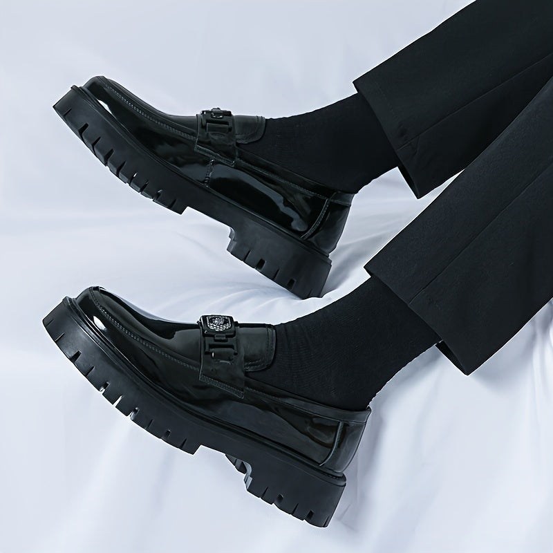 Men'S Black Soft Patent Platform Chunky Heel Loafers Fashion Tassel Business Casual Formal Work Shoes Non-Slip Lug Sole Slip-On Penny Loafers