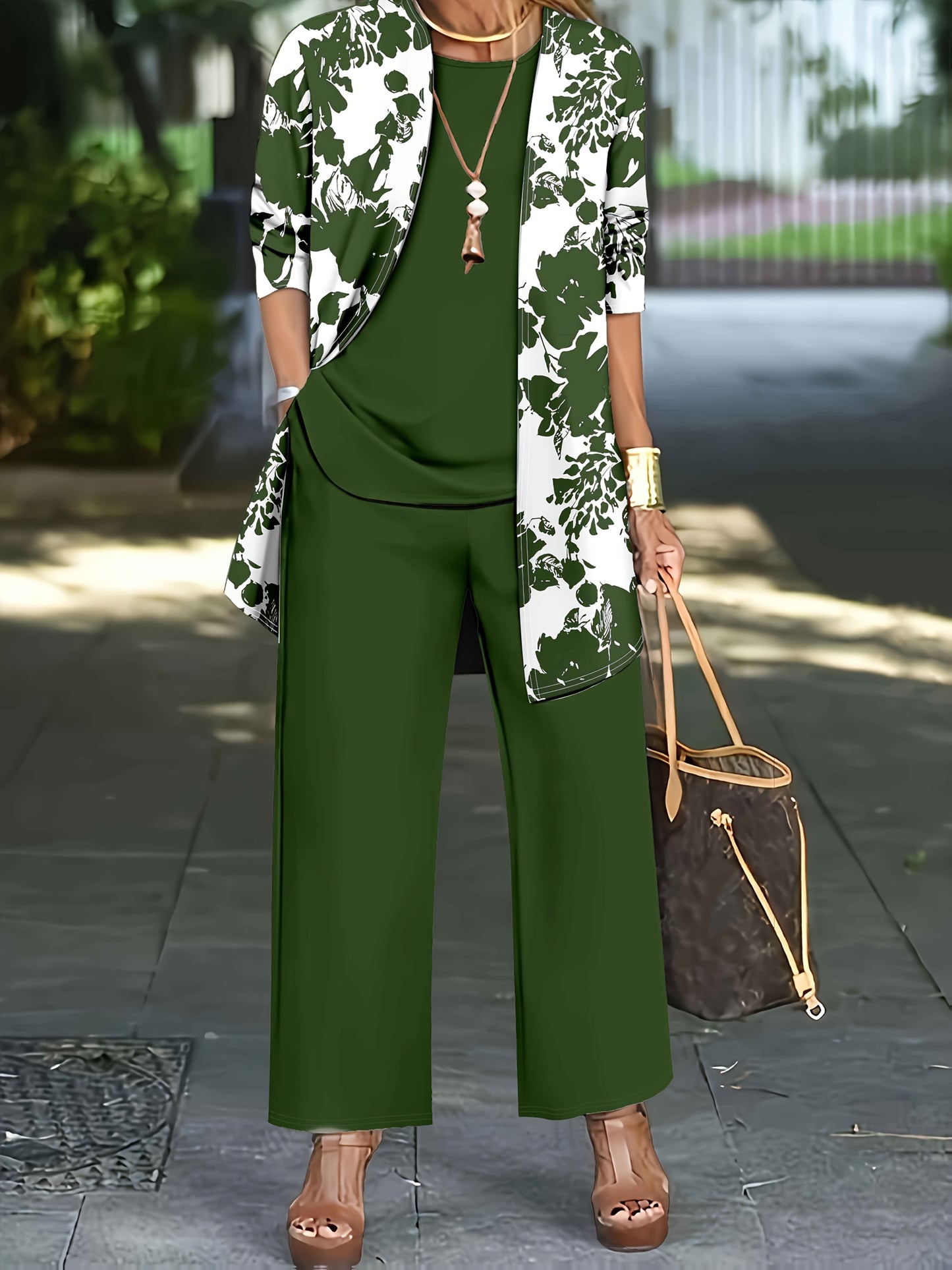 Plus Size, A three-piece set of elegant and unique female plus-size floral printed top and solid-colored vest and trousers