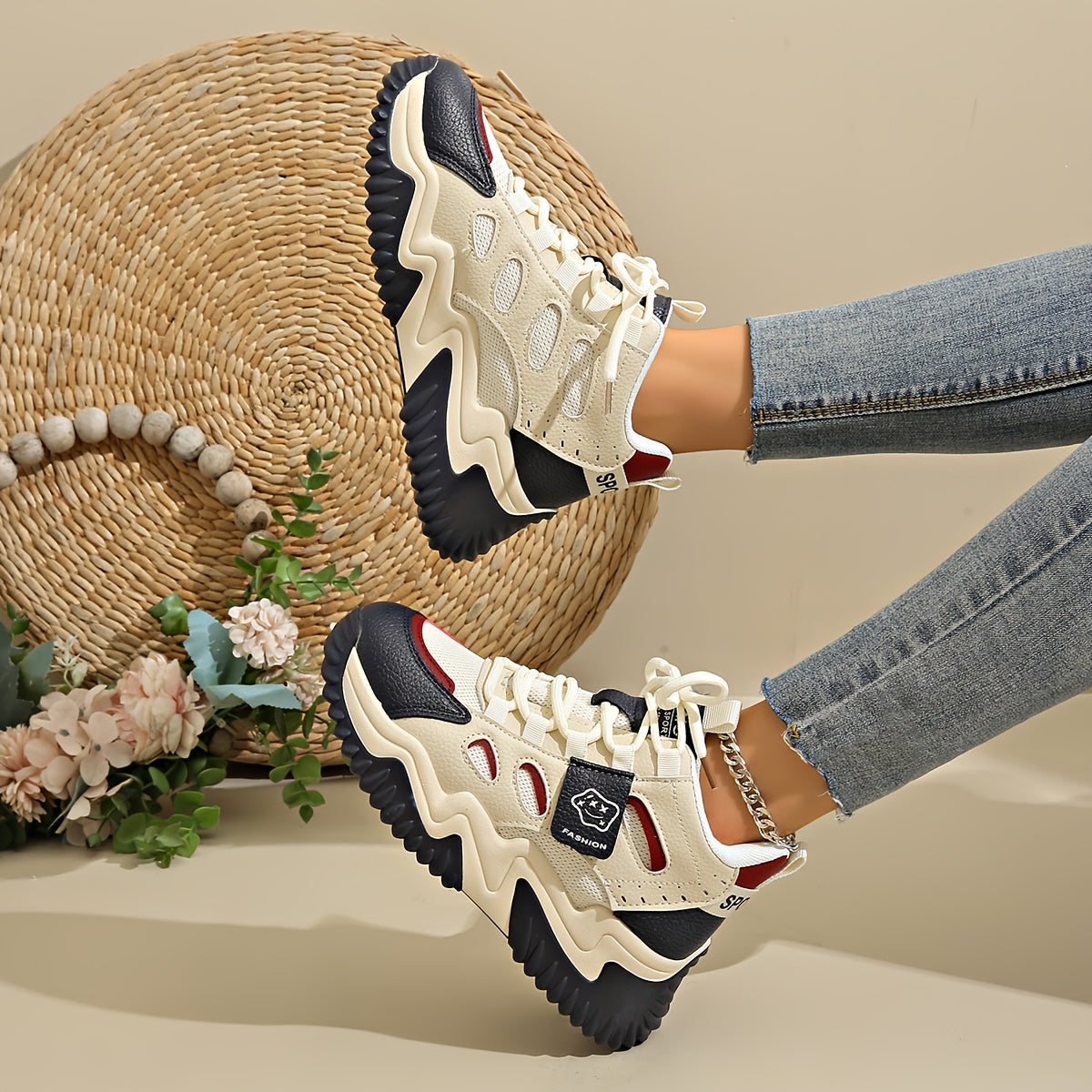 1 Pair Women'S Mid-Top Casual Sneakers, Fashion Mesh Design, Lace-Up Closure, Fabric Upper Lining, Faux Sole, Textile Insole - Spring Season Footwear