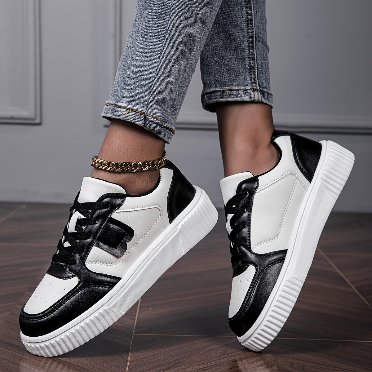 Women's Plus Size Lightweight Casual Sneakers - Thick Sole Slip-Resistant EVA Sole, Breathable Mesh Lining, Round Toe Lace-Up Design, All-Season Comfort, Two-Tone Color Options (White/Brown)