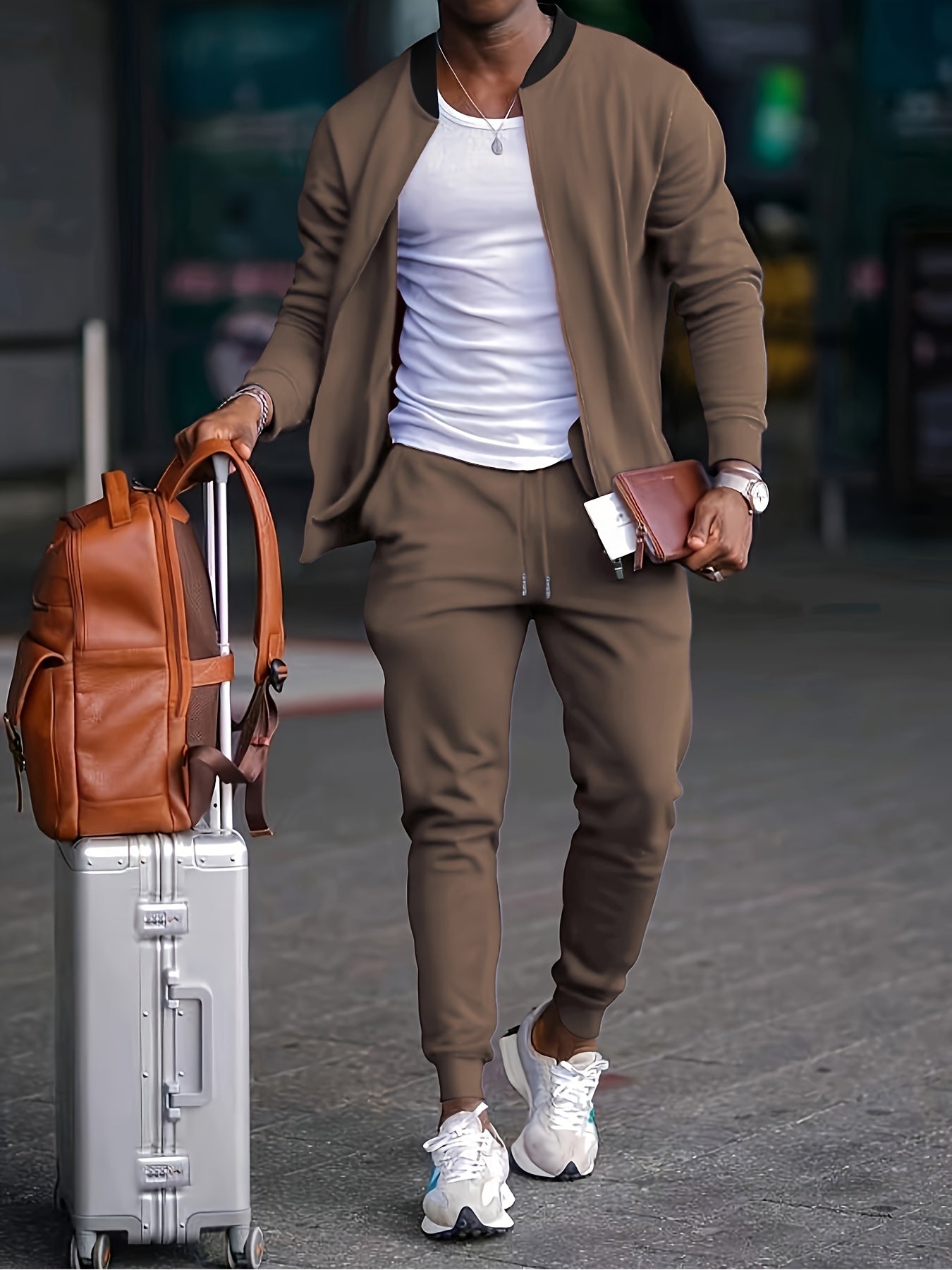 Men's Casual Fashion Suit Set - Polyester, Stand Collar Zip-Up Jacket & Drawstring Pants for Spring/Fall