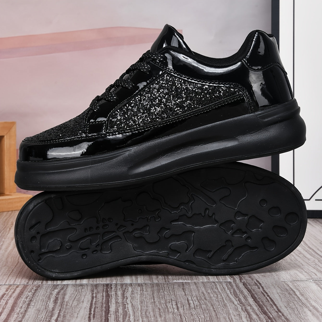 Men's Low-Top Casual Sneakers - Black Sparkling Embellishments, Breathable PU Upper EVA Cushioned Sole, Lace-Up Comfortable Walking Shoes for Men Women, Comfortable Footwear Sleek Shoe Design Flexible Footwear