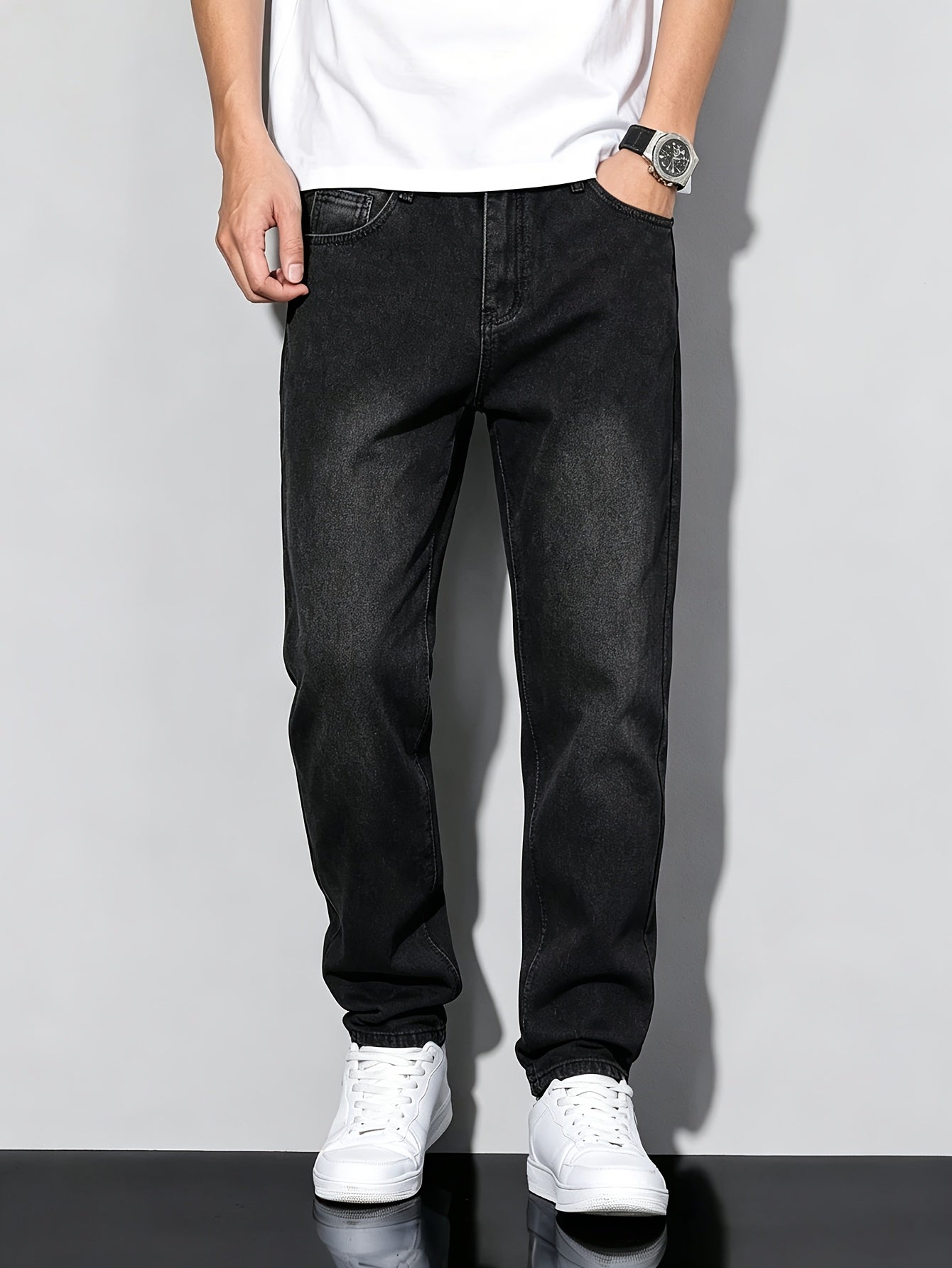 Teen Boy Casual Black Denim Jeans, Mid-Waist Street Style