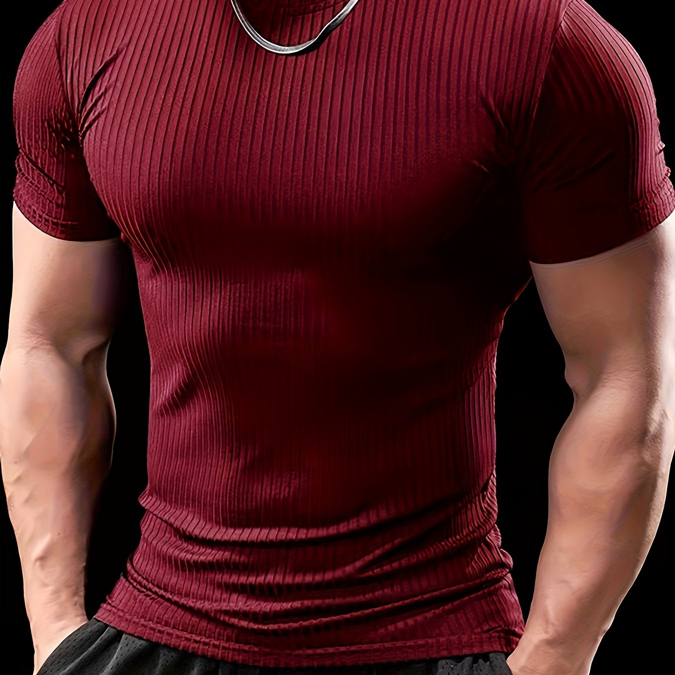 Men's Slim Fit Ribbed Short Sleeve T-Shirt - Stretchy Athletic Casual Wear, Green, Round Neck, Machine Washable, Muscle-Enhancing Design, Gym Shirts