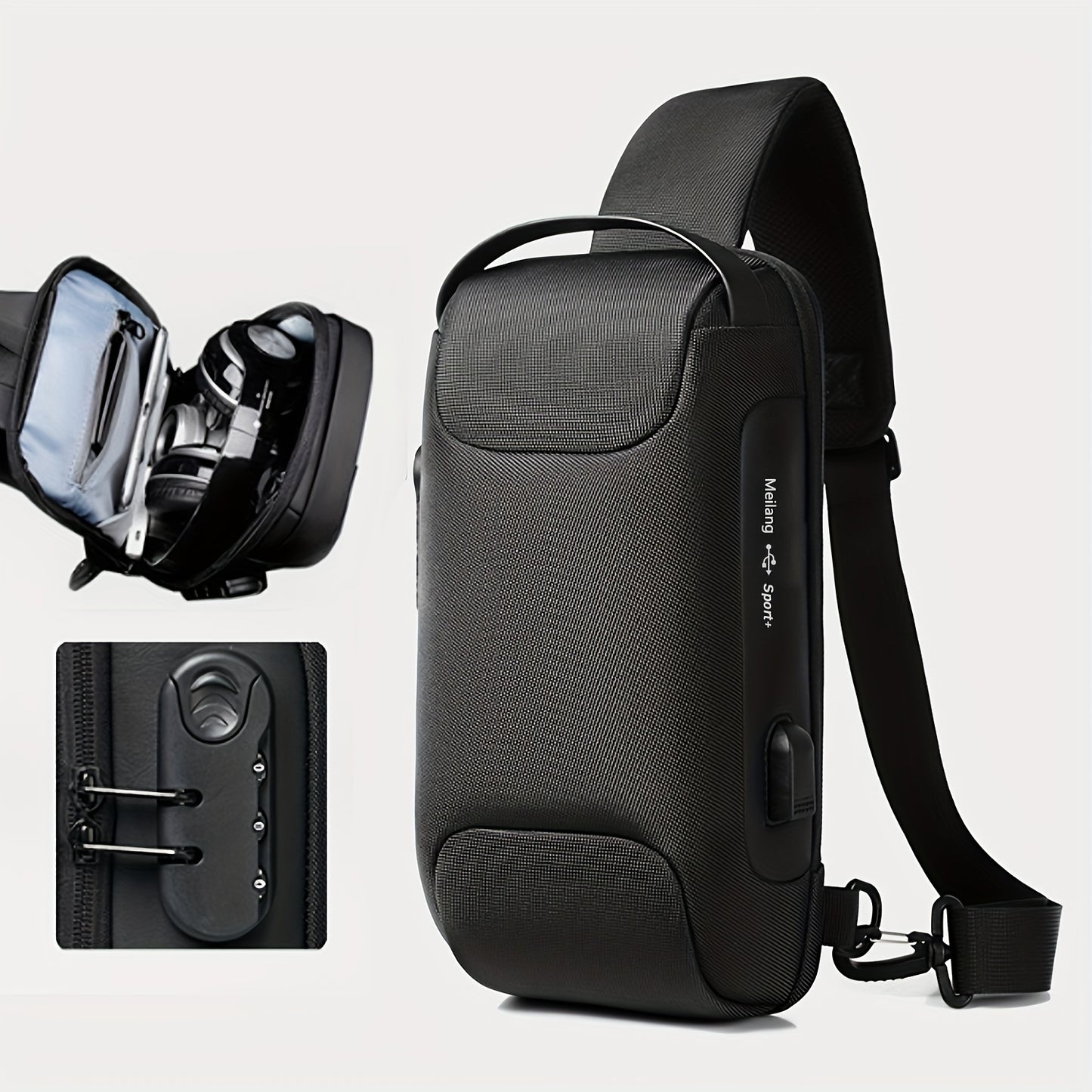 Men's Lightweight Crossbody Backpack with USB Charging Port Password Lock, Adjustable Anti-Theft Shoulder Bag for Travel, Commuting, Daily Use - Durable Polyester Casual Daypack, Secure Travel Bag Minimalist Backpack Sl