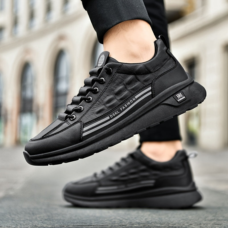 Men's Breathable Casual Sneakers - Comfortable, Versatile Stylish Shoes for Running, Sports Casual Attire, Black with White Accents, PU Upper PVC Sole, Round Toe, Lace-Up Design, All-Season Use