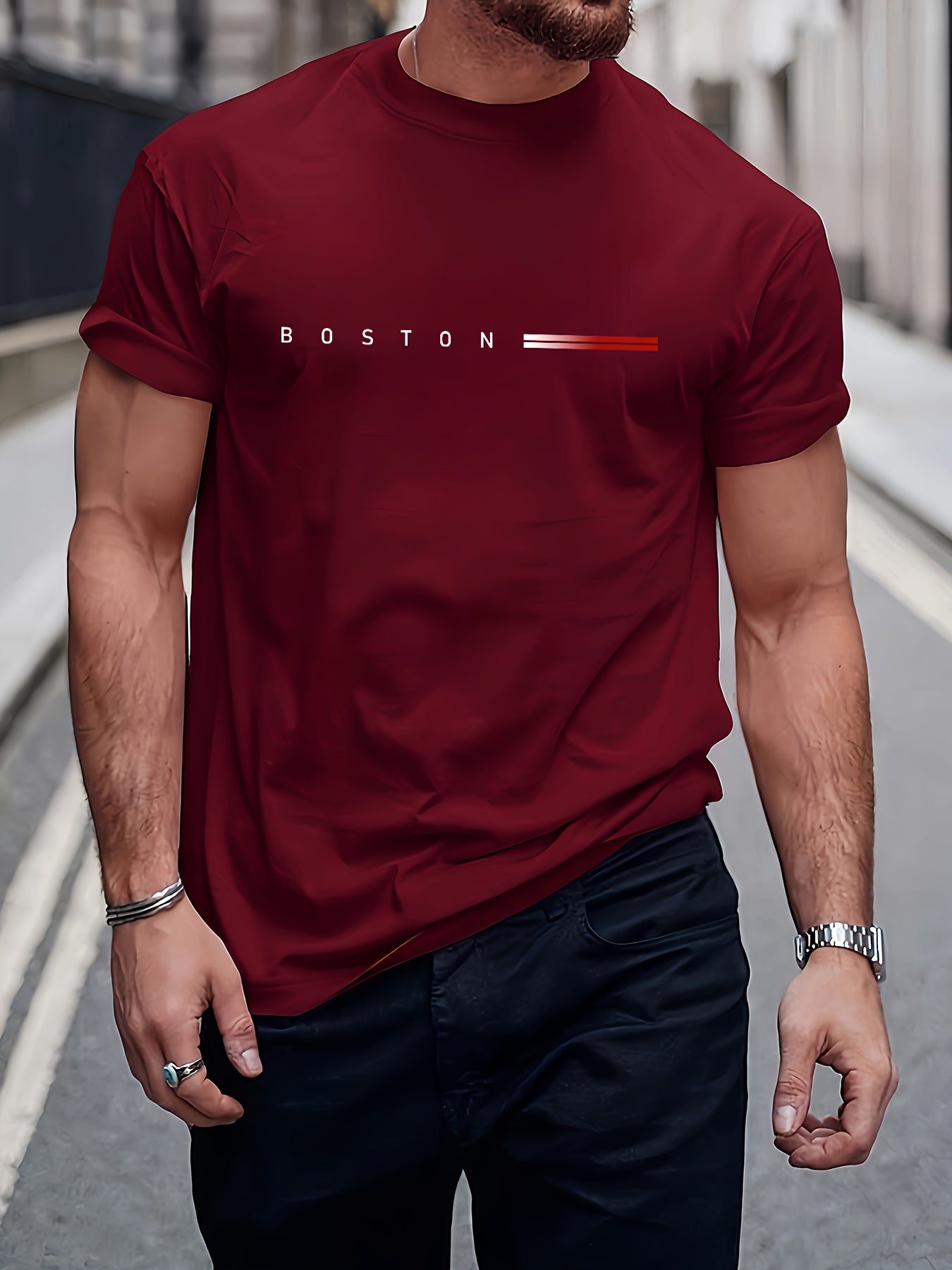 Men's Heavyweight 180gsm Cotton T-Shirt - Dark Gray Crew Neck Tee with Bold "Boston" Print, All-Season Everyday Formal Shirt for Men - Machine Washable Luxury Casual Top, Versatile Clothing, Modern Design, Premium Fabric, S