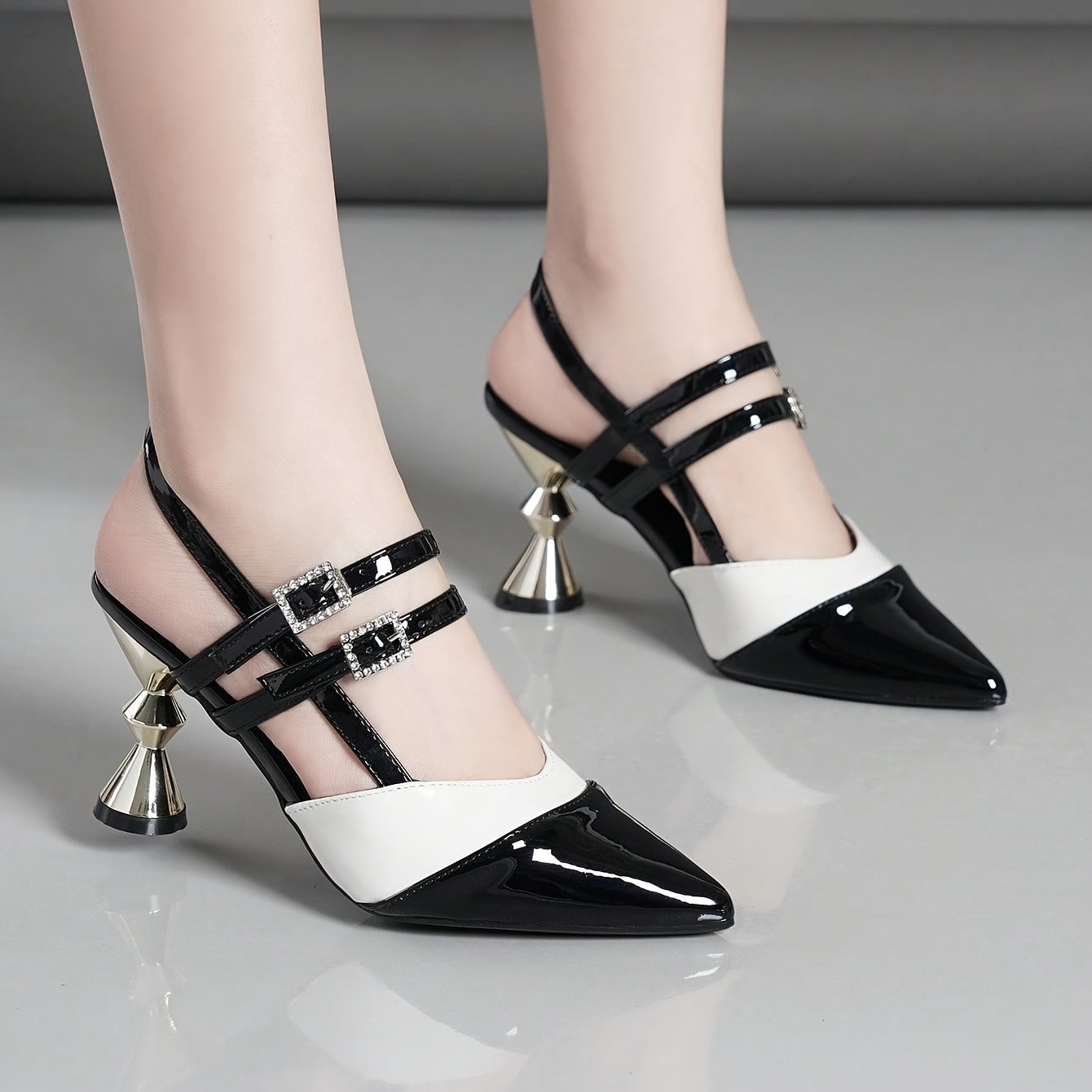 Women'S Black White Block Heel Pumps - Pointed Toe, Synthetic Cover, Rubber Sole, High Heel Dress Shoes for Summer, Elegant Office Formal Wear, High Heel Shoe