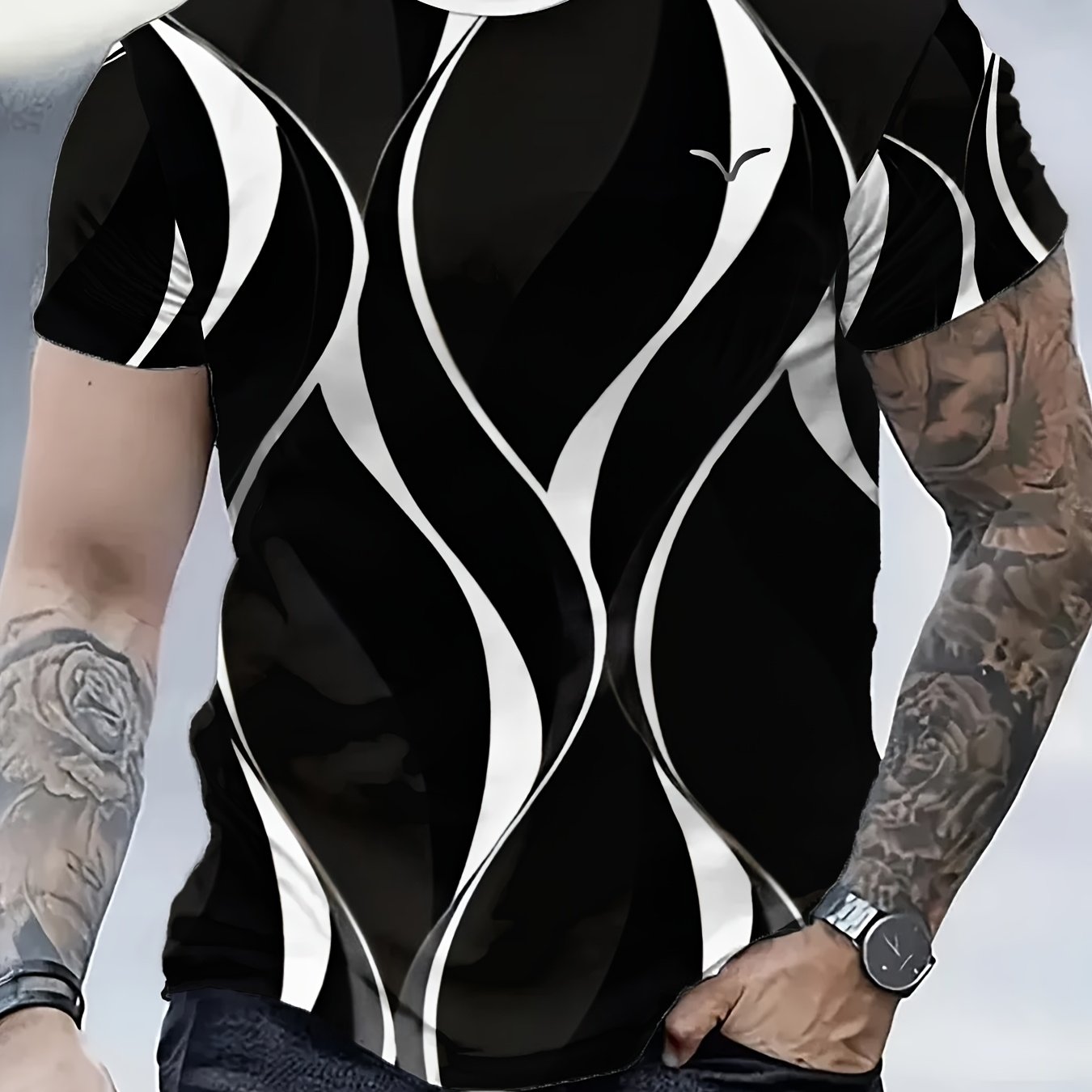 Men'S 3D Lightning Print T-Shirt, Casual Crew Neck Short Sleeve Tee, Summer Knit Polyester Blend Top, Slight Stretch, Black White Geometric Pattern, Regular Fit, Fashionable Tshirt Modern Casual Style Polyester Blend