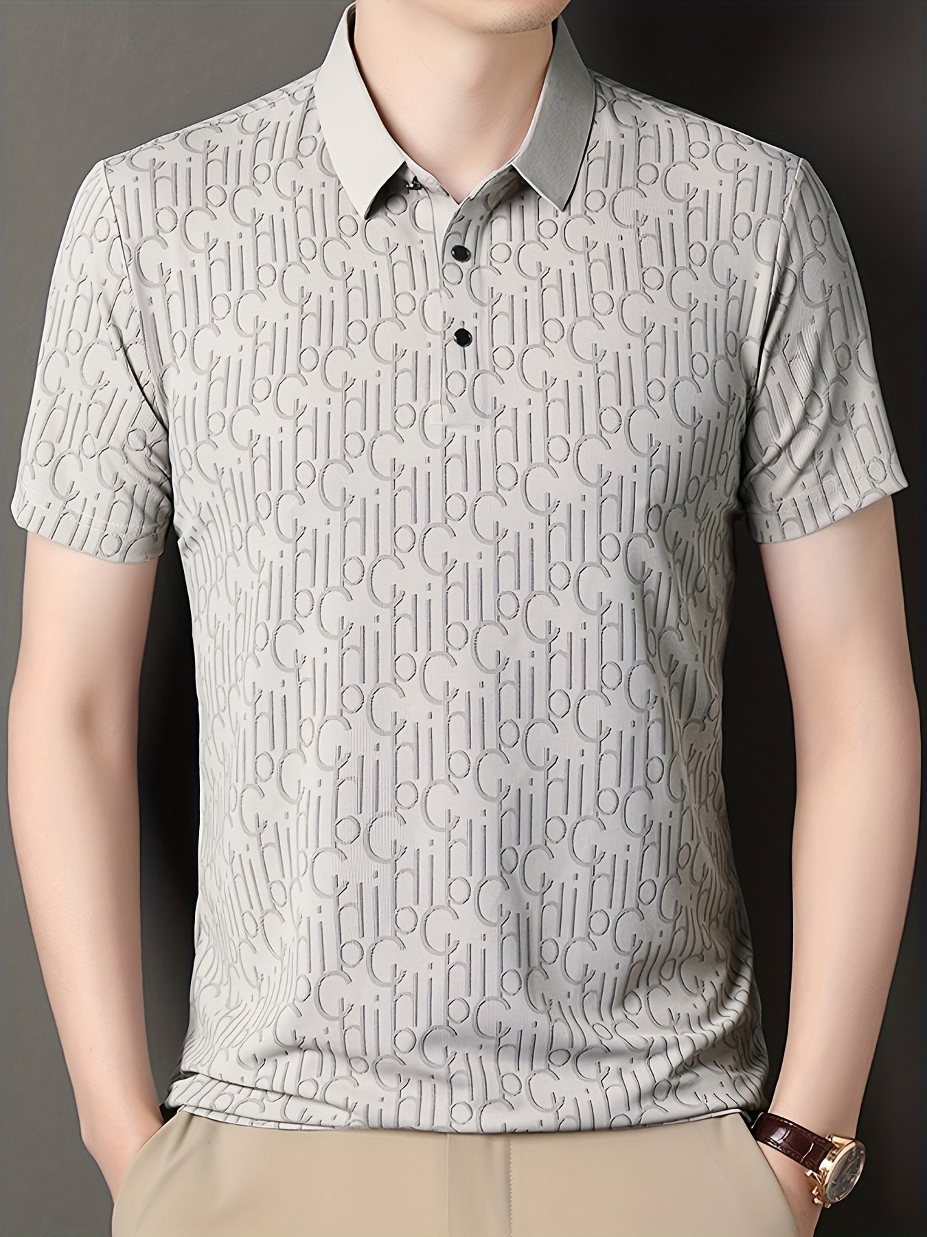 Men'S Casual Summer Short Sleeve T-Shirt with "Gil" Letter Print, Light Gray, Button-Up Collar, Medium Stretch Fabric, Regular Fit, Perfect for Weekend Outings, Relaxed Outing Shirt Letter Print Tee Medium Stretch Fabric