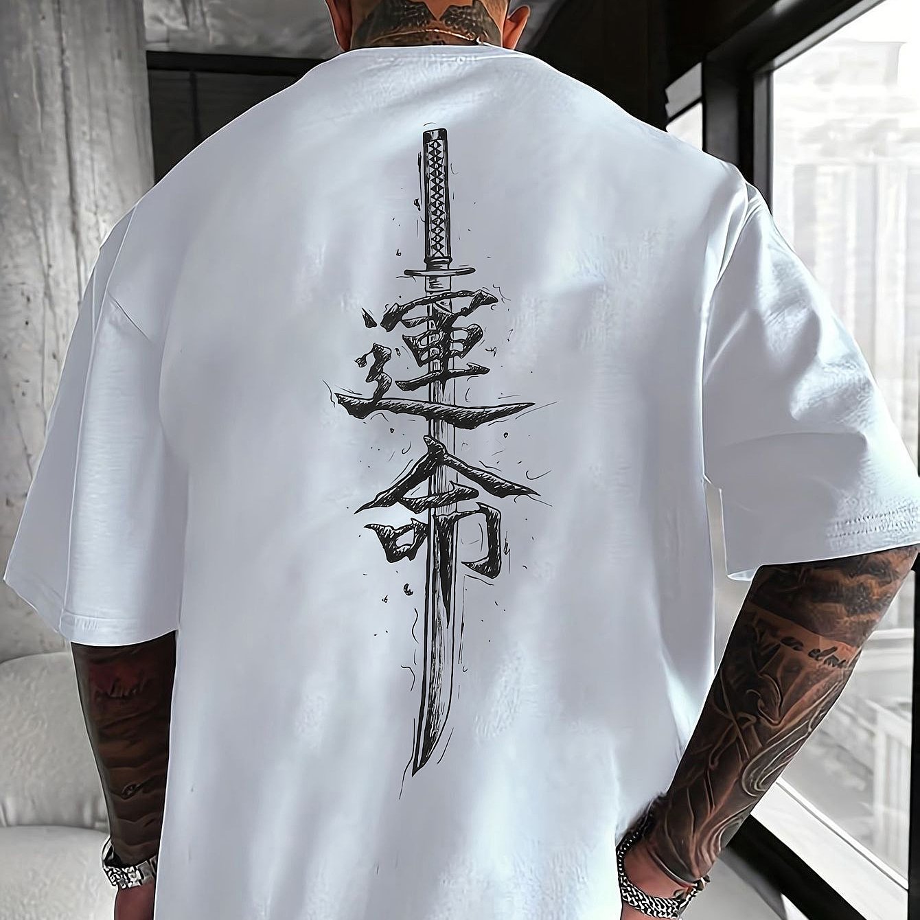 Men'S Japanese Samurai Sword Graphic T-Shirt - Casual Loose Fit Crew Neck, Short Sleeve Tee with Red Stylized Japanese Katanas Design, Breathable Polyester for Spring Summer Outdoor Wear