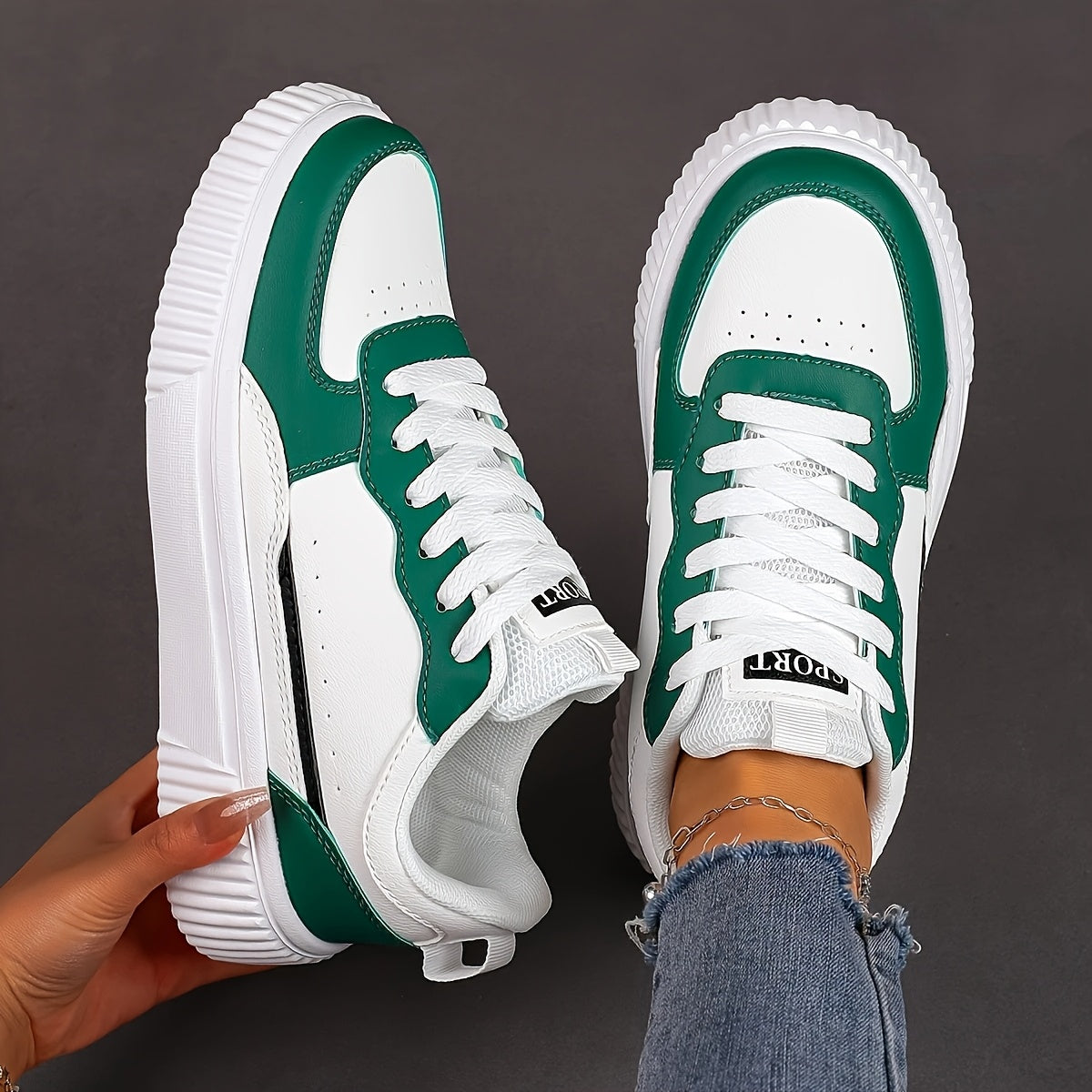 Unisex Low-Top Sneakers - White Green colorblock design, Lace-Up Closure, Cushioned EVA Sole - All-Season Casual Shoes for Men Women - Skateboarding, Everyday, Formal Events - Easy-Clean Synthetic Cover Upper, Everyday Fo