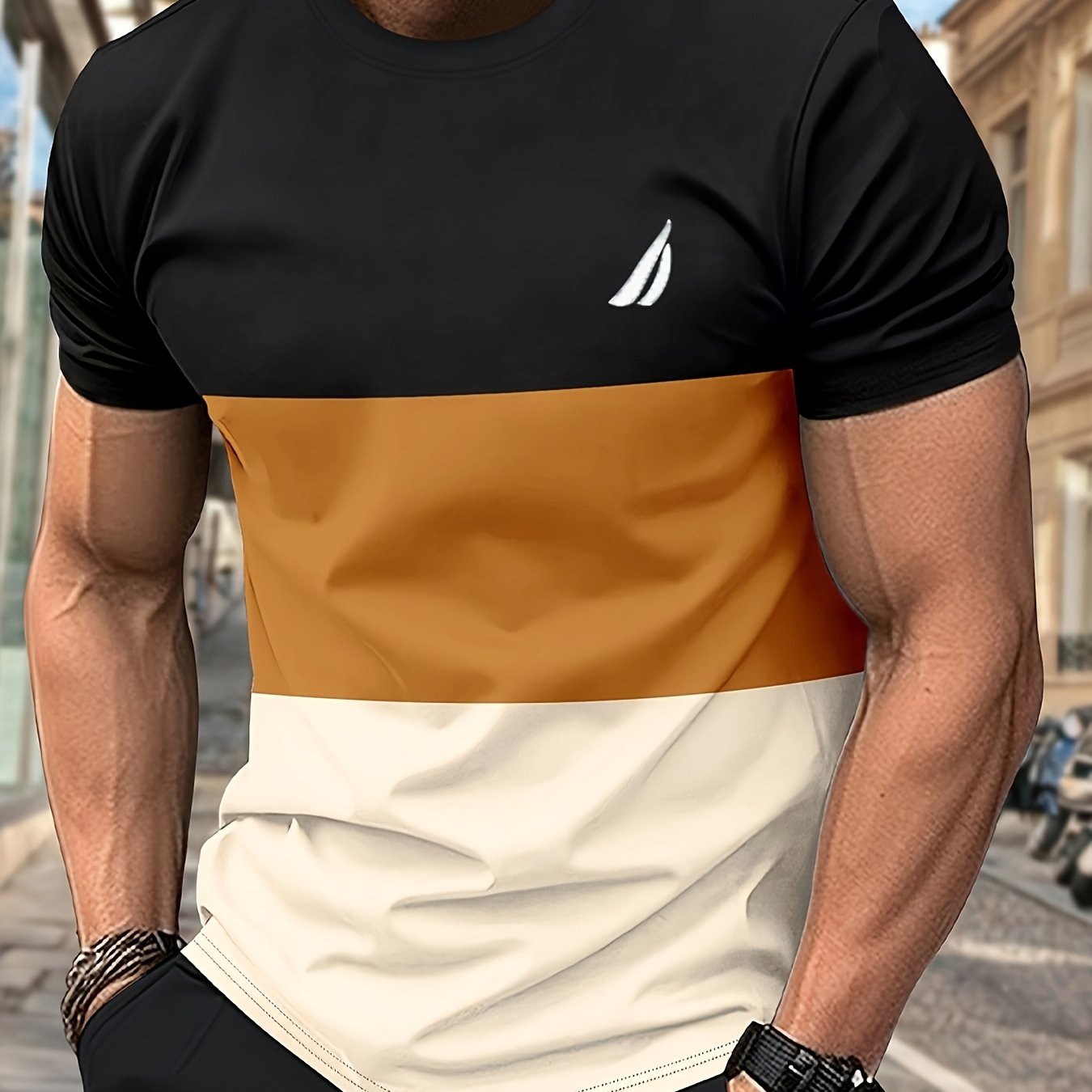 Men's Round Neck T-Shirt, Three-Color Patchwork Top with Asymmetric Double Stripes, Trendy Comfortable Breathable High-Quality Factory-Made Casual Fit