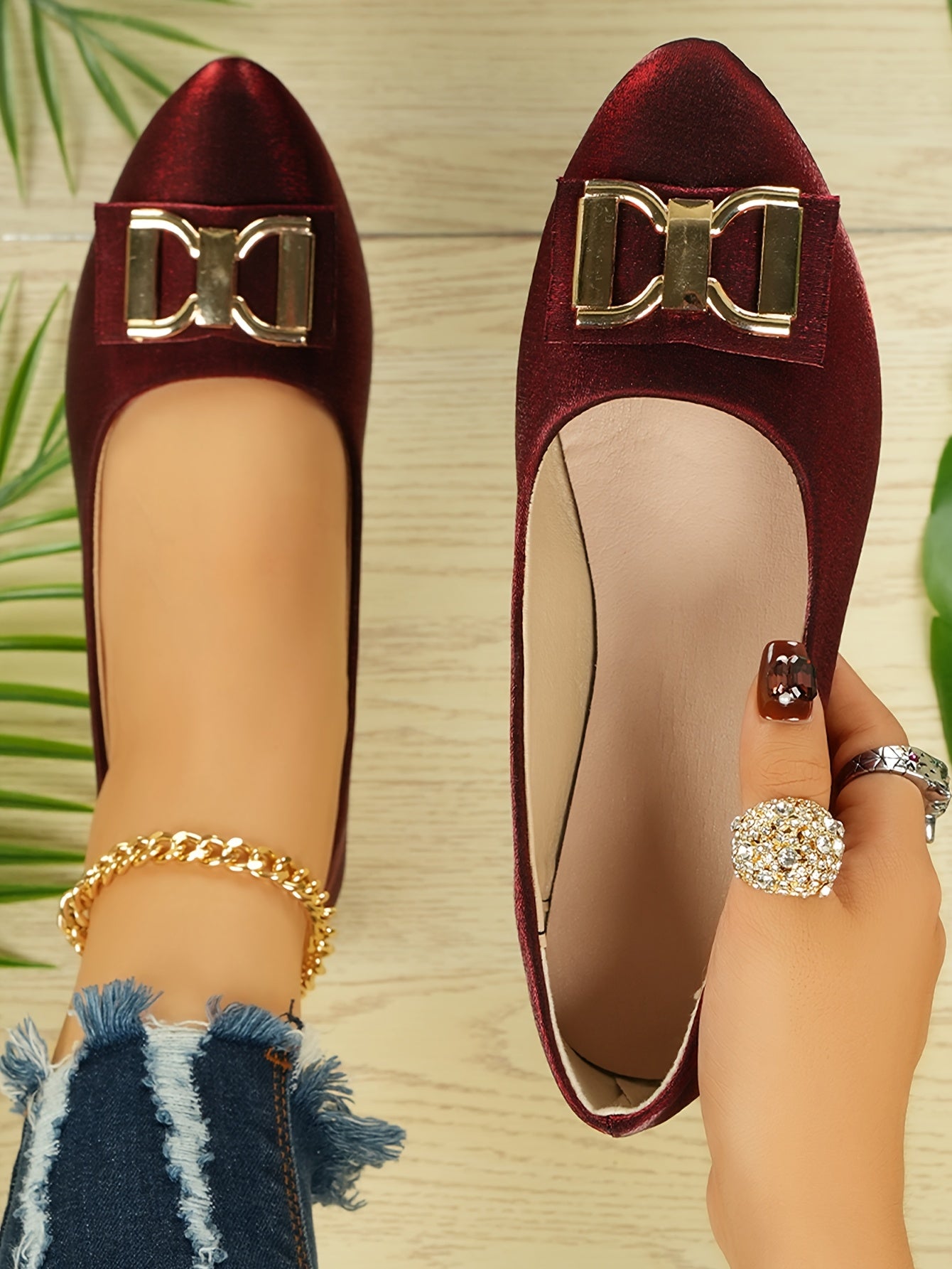 Women's Elegant Red Slip-On Flats with Golden Double Buckle Design - Comfortable Faux Cover Shoes for All Seasons, Pointed Toe Rubber Sole, Perfect for Casual or Dressy Occasions, Dressy Flats Buckle Embellished Shoes Lux