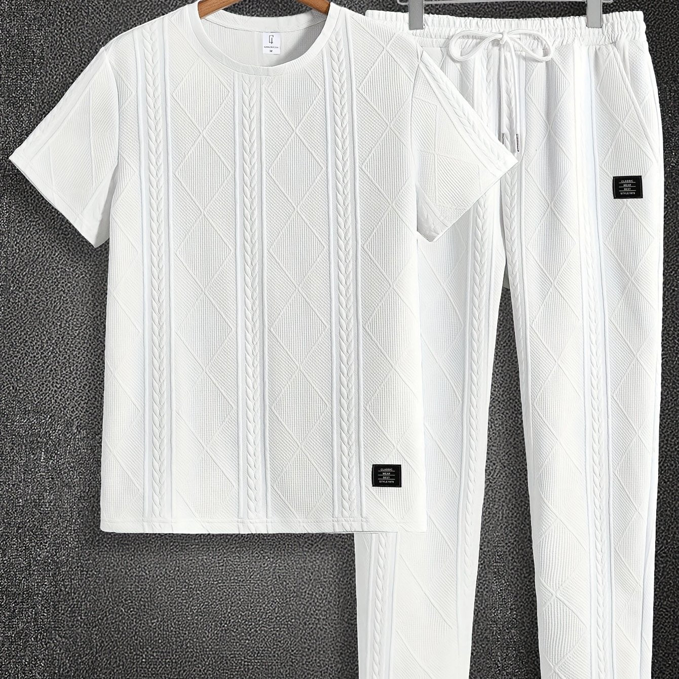Men'S Textured Round Neck Short Sleeve Pullover & Woven Pants Pajama Set - Brown, Casual Home Wear with Drawstring Waist, Summer Comfort, Everyday Pajamas | Casual Style | Comfortable Fit, Pajamas