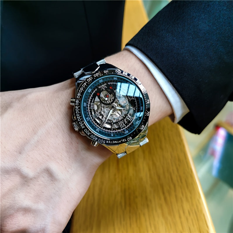 Fashion Statement, Men's Luxury Automatic Mechanical Watch - Elegant Stainless Steel Band, Multi-Function with Sun, Moon, and Stars Display, Transparent Back for Sophisticated Style