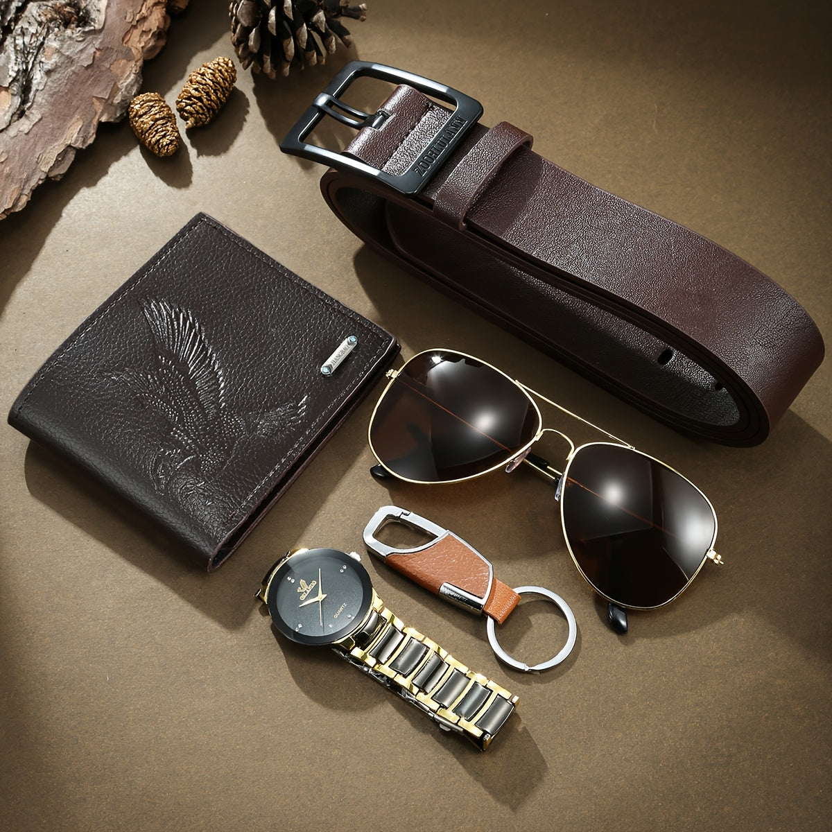 5pcs Men's Luxury Quartz Watch & Accessory Gift Set Compatible for - Full Collection: Belt, Glasses Case Wallet, Keychain - - Analog Watch with Quartz Movement, Elegant Multi-Accessory for Him (, Anniversary, Graduation)