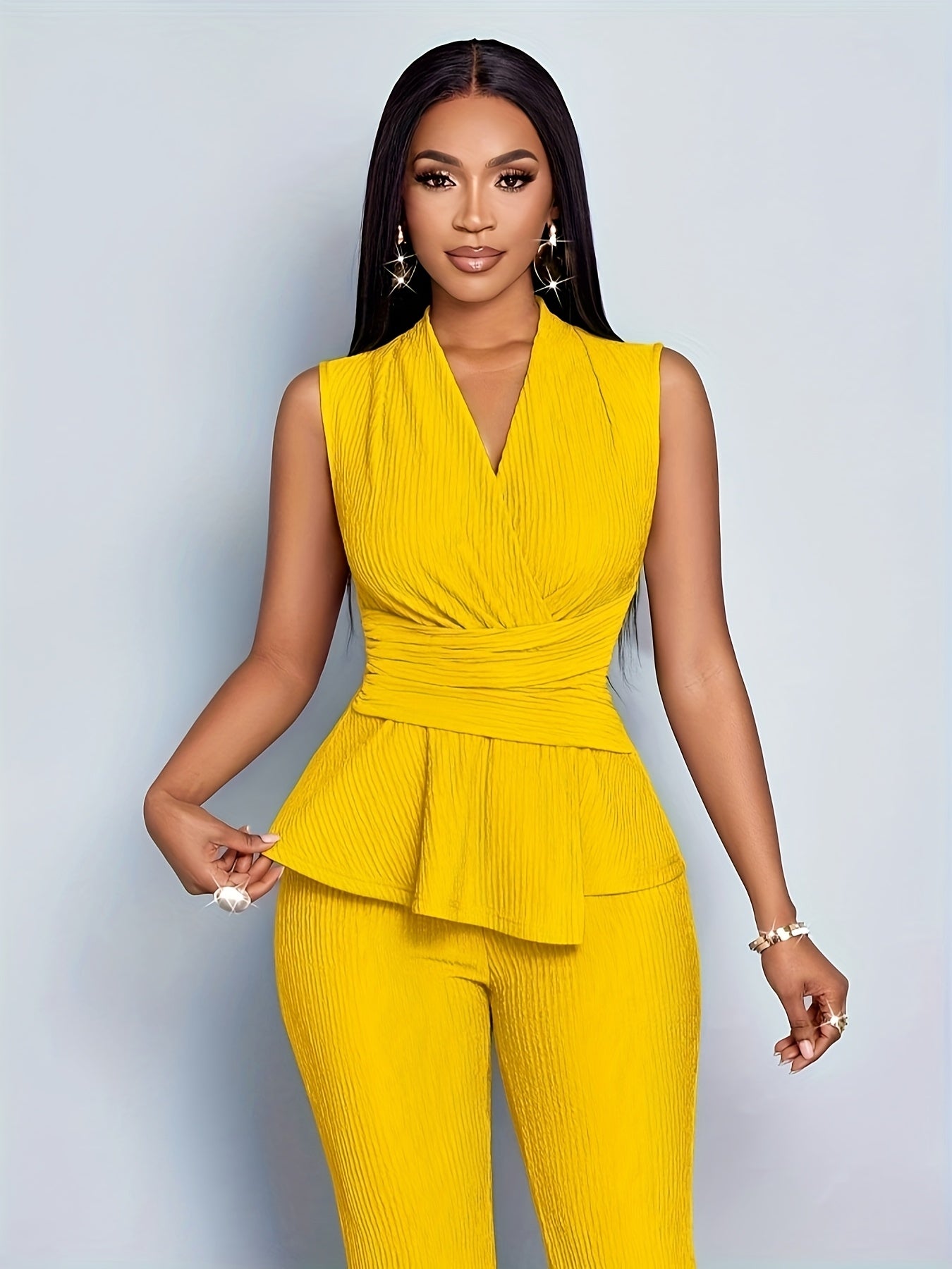 Women's Elegant V-Neck Sleeveless T-Shirt and Wide-Leg Pants Two-Piece Set, Asymmetrical Hem Casual Spring/Summer Outfit