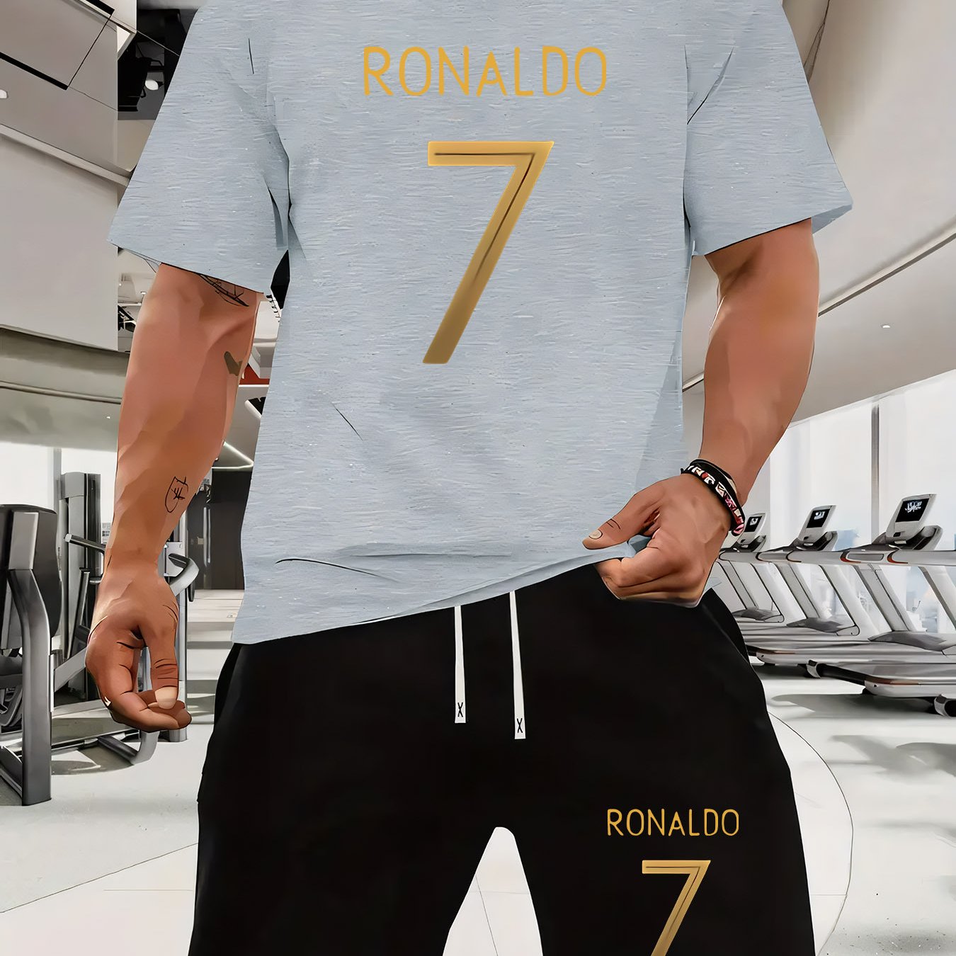 Ronaldo 7 Print Men'S Short Sleeve T-Shirt and Waistband Shorts 2pcs Casual Sports Regular Top & Bottom Set, Suitable for Spring/Summer