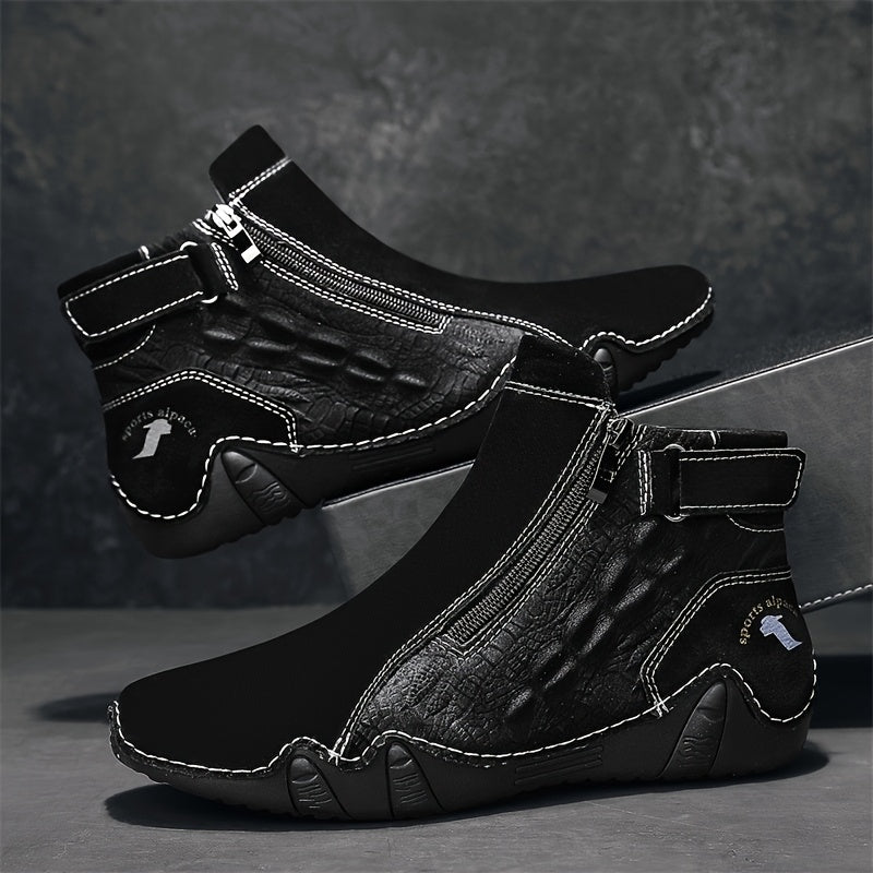 Men'S High-top Casual Shoes With Anti-slip, Comfortable, Outdoor, Fashionable, Plus Size, Business, Hand-stitched, Zipper, Cro, Lace-up.