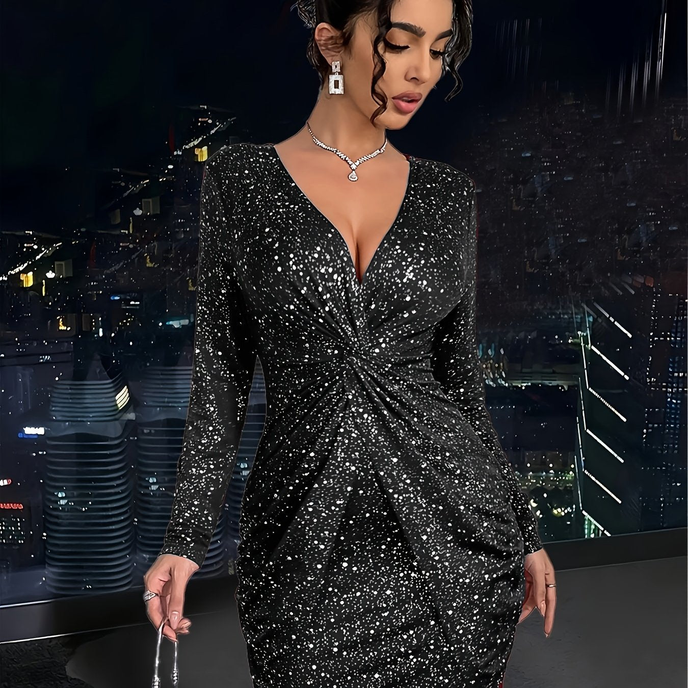Women'S Elegant V-Neck Long Sleeve Dress with Twist Detail - Sparkling Party & Formal Dress, Stretchy Fitted Fabric, Flattering Bodycon Silhouette for Evening Events, Office, Wedding - Spring/Fall/Summer Fashion, Cute Dresses