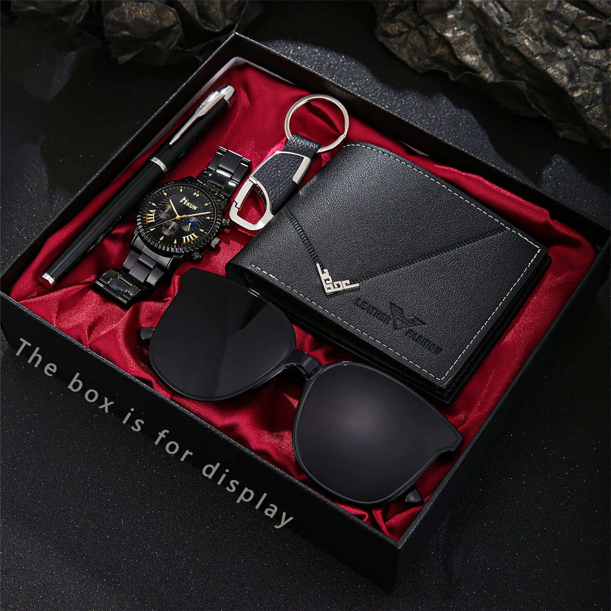5pcs Men'S Business Sports Watch, Wallet, Glasses, Pen and Keychain Set in a Gift Box Suitable for Father'S Day, Anniversaries, or Birthdays